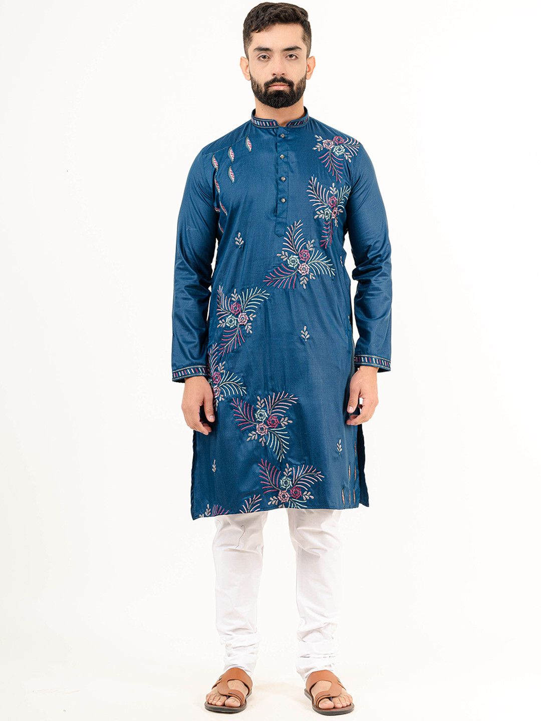 Tistabene Floral Embroidered Sequinnd Mandarian Collar Pure Silk Straight Kurta, Teal 
Tistabene Floral Embroidered Sequinnd Mandarian Collar Pure Silk Straight Kurta, Teal