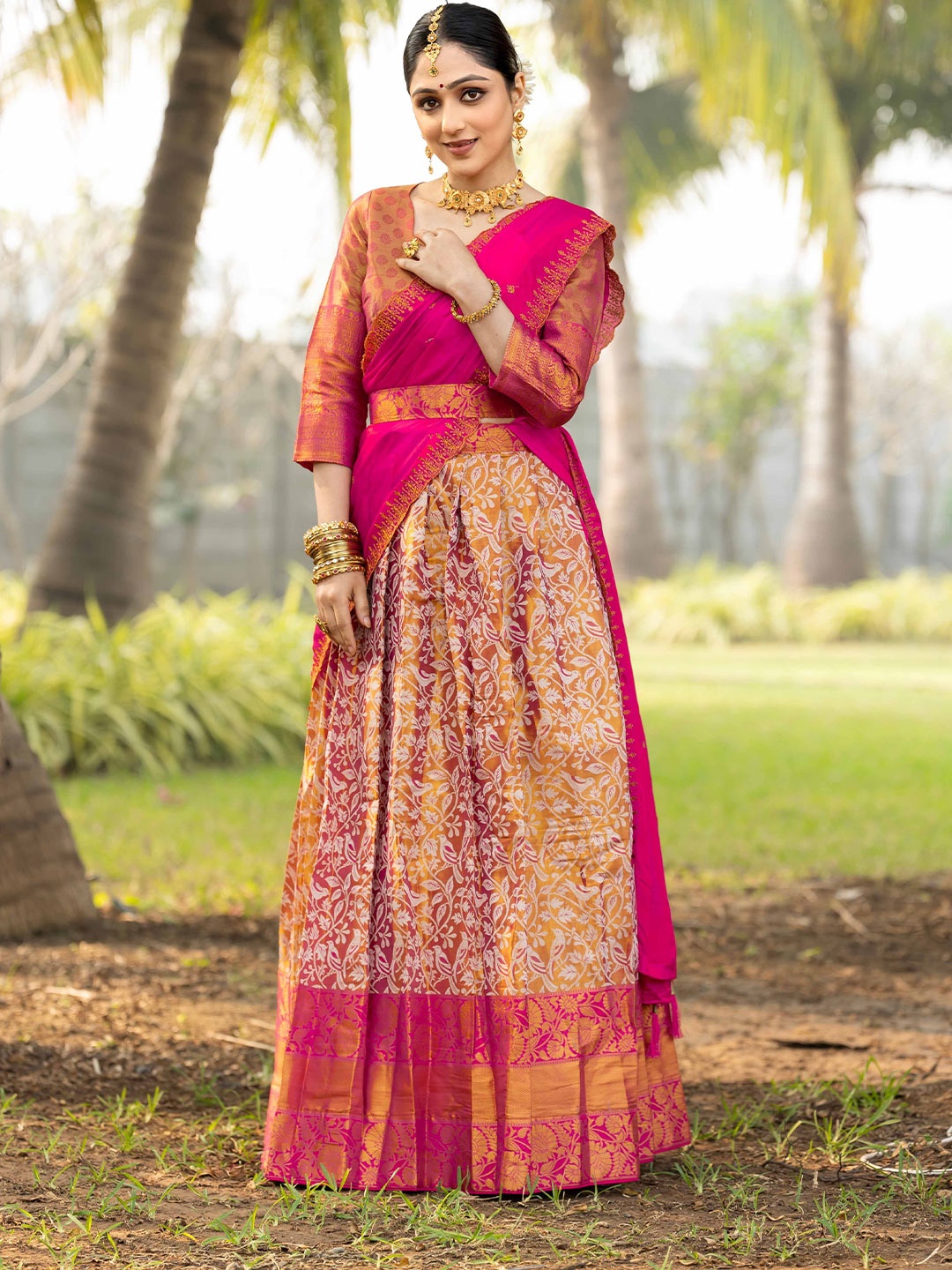 DrapeMall Floral Woven Design Semi-Stitched Lehenga & Unstitched Blouse With Dupatta, Pink
DrapeMall Floral Woven Design Semi-Stitched Lehenga & Unstitched Blouse With Dupatta, Pink