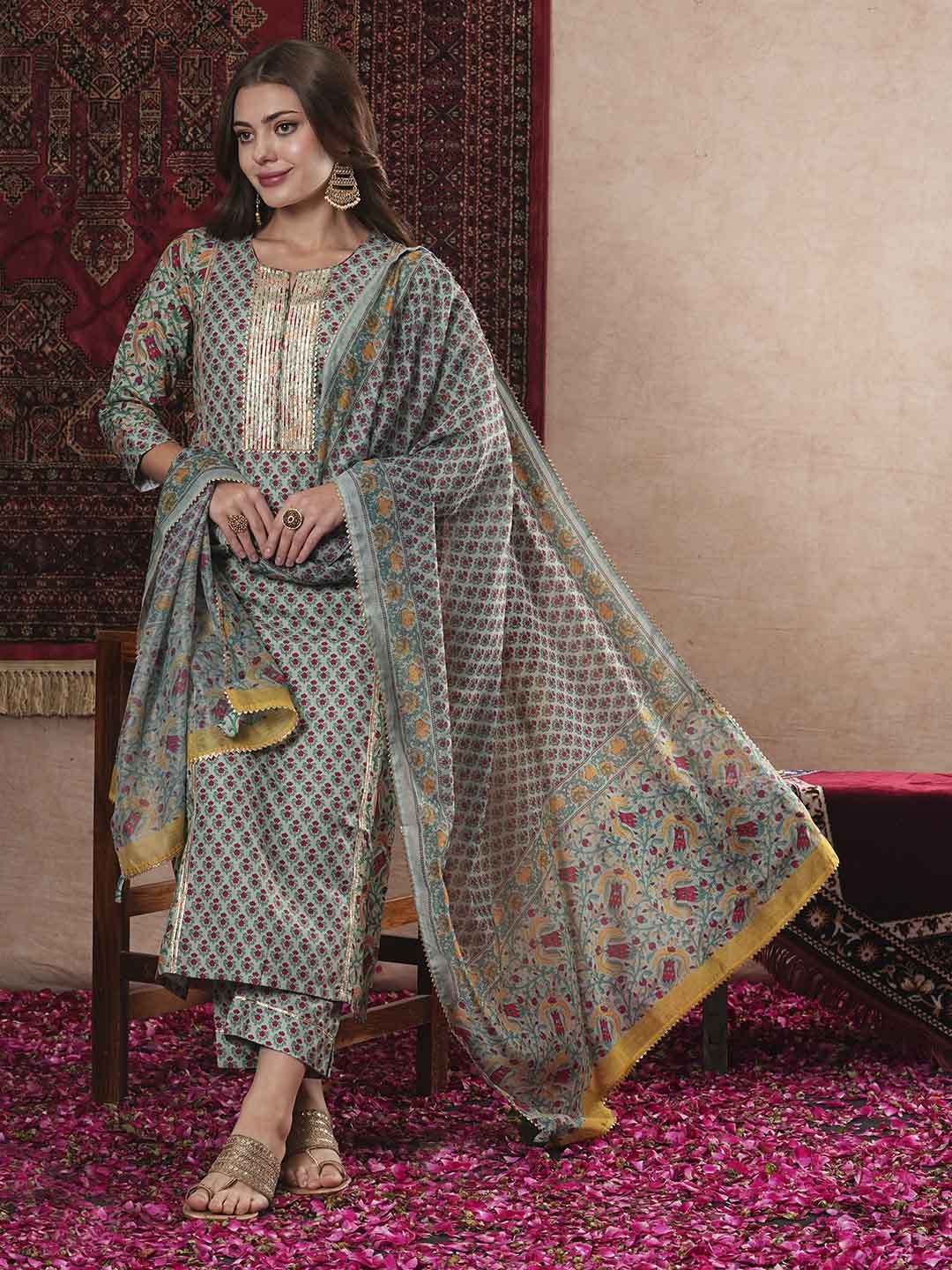 DIVASTRI Women Ethnic Motifs Printed Regular Gotta Patti Kurta with Trousers & With Dupatta, Green
DIVASTRI Women Ethnic Motifs Printed Regular Gotta Patti Kurta with Trousers & With Dupatta, Green