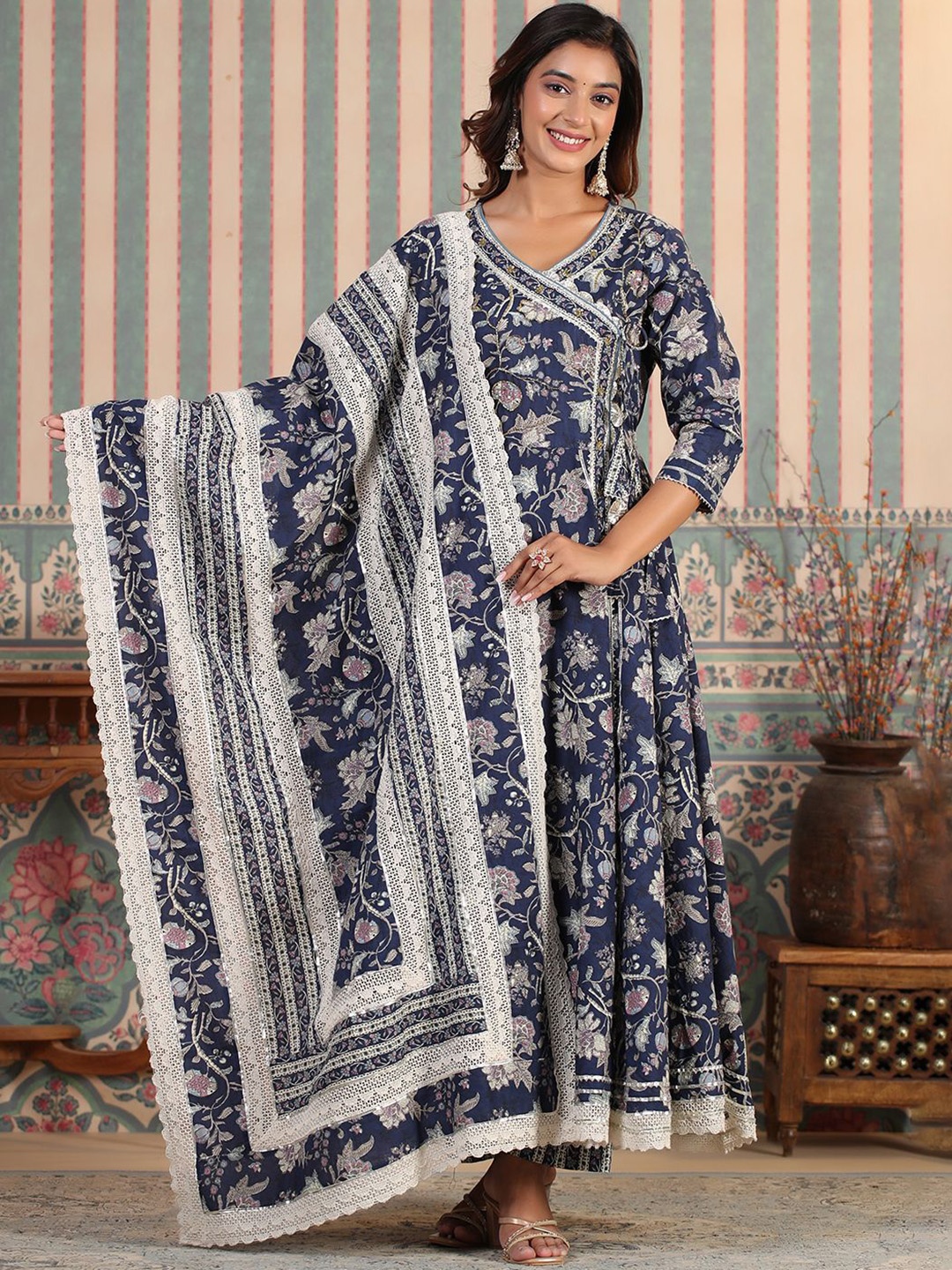 Varanga Women Floral Printed Angrakha Thread Work Pure Cotton Kurta with Trousers & With Dupatta, Blue
Varanga Women Floral Printed Angrakha Thread Work Pure Cotton Kurta with Trousers & With Dupatta, Blue