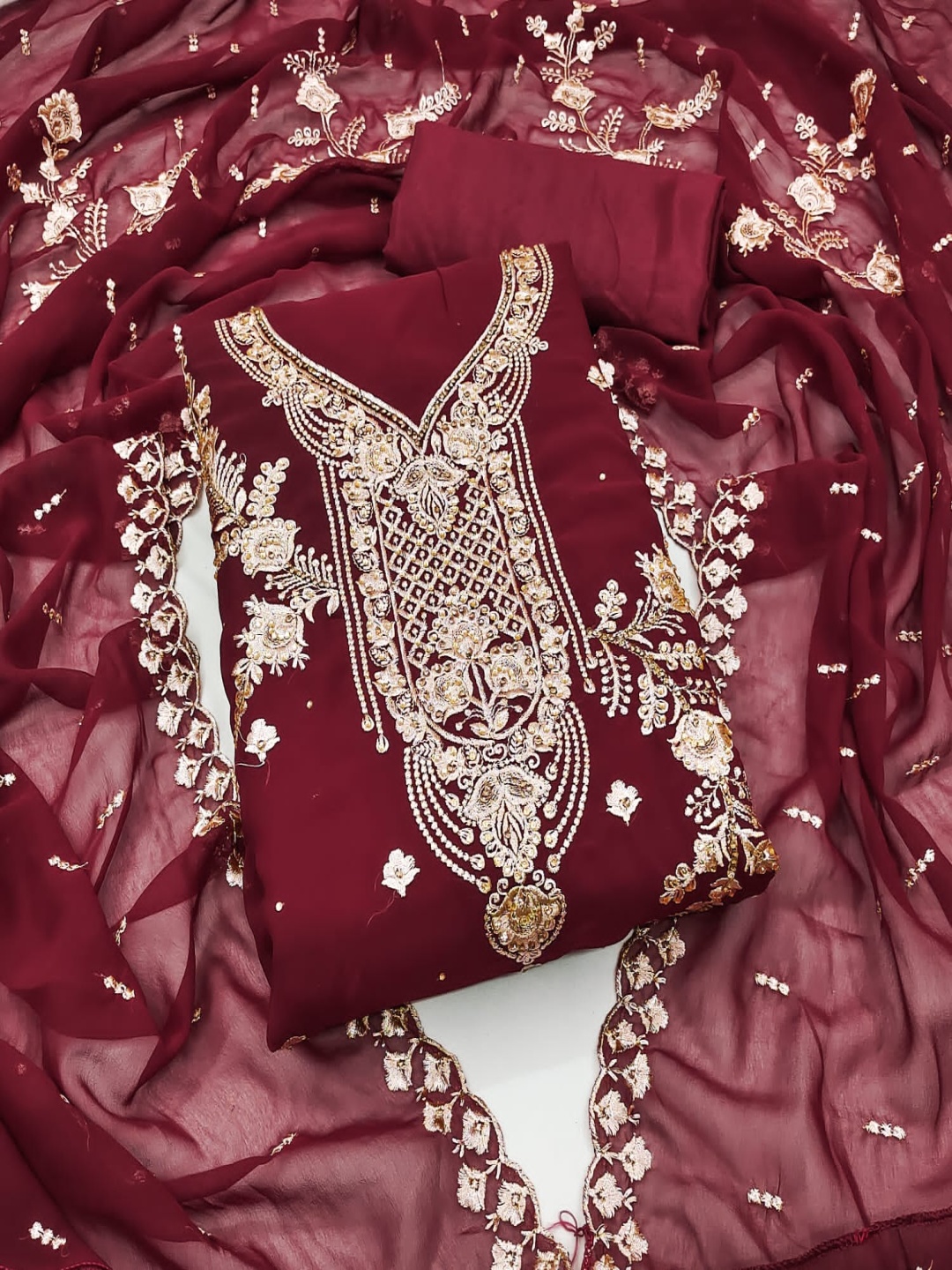 Rangtulika Ethnics Floral Embroidered Beads And Stones Georgette Unstitched Dress Material, Red
Rangtulika Ethnics Floral Embroidered Beads And Stones Georgette Unstitched Dress Material, Red