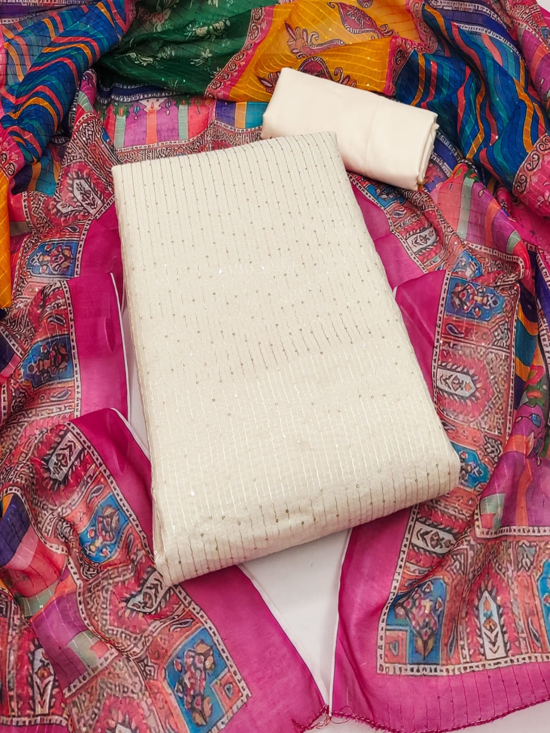 Rangtulika Ethnics Striped Sequinned Embellished Chanderi Unstitched Dress Material, White
Rangtulika Ethnics Striped Sequinned Embellished Chanderi Unstitched Dress Material, White