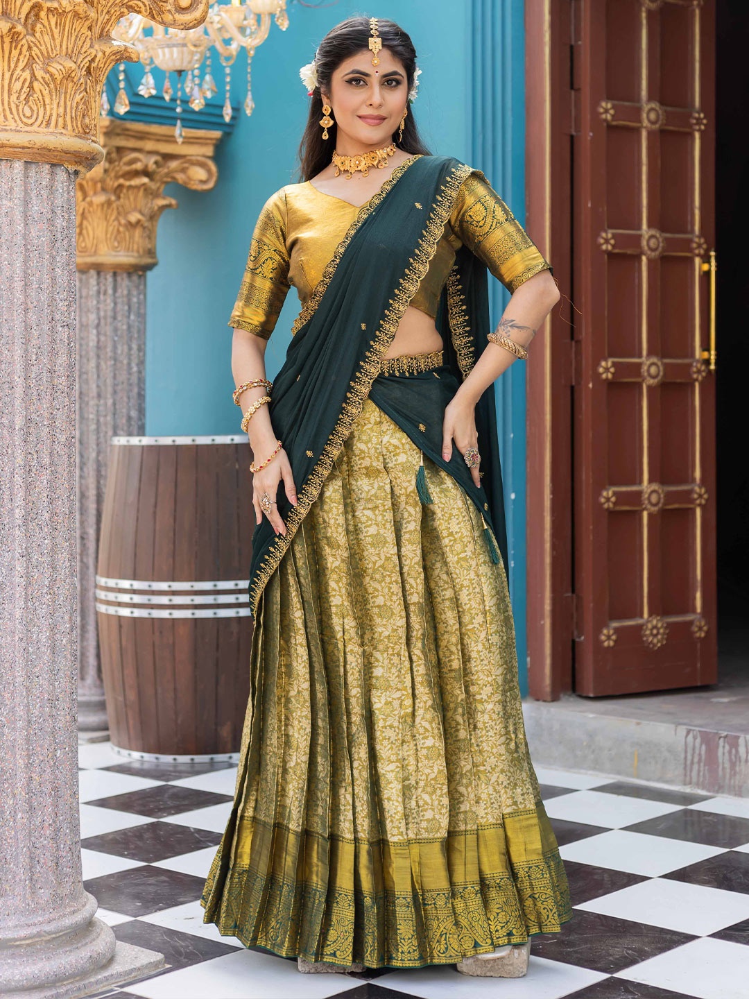 DrapeMall Floral Woven Design Semi-Stitched Lehenga & Unstitched Blouse With Dupatta, Green
DrapeMall Floral Woven Design Semi-Stitched Lehenga & Unstitched Blouse With Dupatta, Green