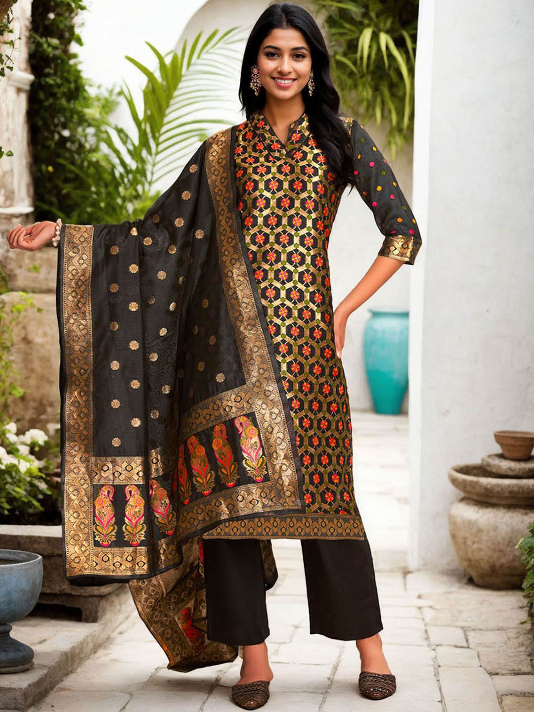 Anouk Women Ethnic Motifs Regular Chanderi Silk Kurta with Trousers & With Dupatta, Black
Anouk Women Ethnic Motifs Regular Chanderi Silk Kurta with Trousers & With Dupatta, Black