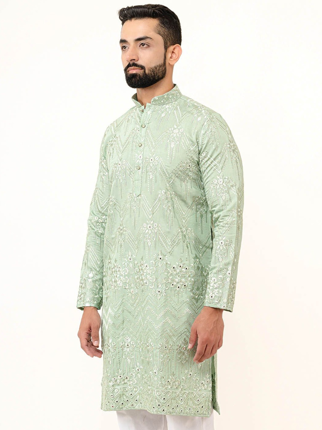 Tistabene Geometric Embroidered Mandarin Collar Thread Work Handloom Straight Kurta, Green
Tistabene Geometric Embroidered Mandarin Collar Thread Work Handloom Straight Kurta, Green