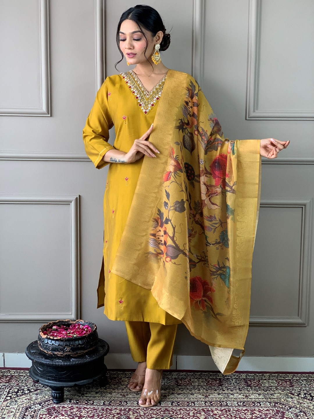 Shatanuvart Export Women Floral Embroidered Regular Kurta with Palazzos & With Dupatta, Mustard
Shatanuvart Export Women Floral Embroidered Regular Kurta with Palazzos & With Dupatta, Mustard