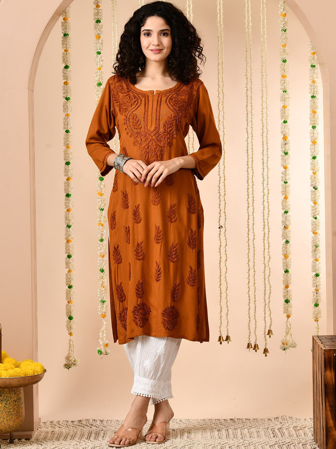 Syrish Floral Embroidered Notch Neck Chikankari With Mukesh & Patti work Straight Kurta, Brown
Syrish Floral Embroidered Notch Neck Chikankari With Mukesh & Patti work Straight Kurta, Brown