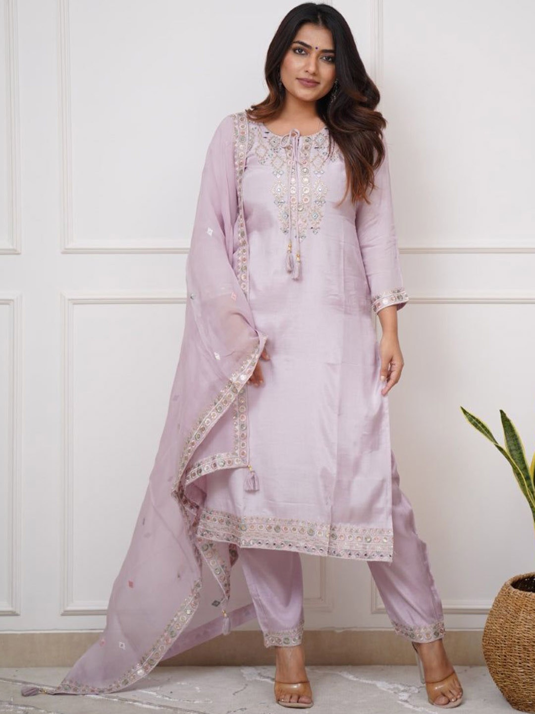 KALINI Women Floral Embroidered Regular Mirror Work Kurta with Trousers & With Dupatta, Lavender
KALINI Women Floral Embroidered Regular Mirror Work Kurta with Trousers & With Dupatta, Lavender