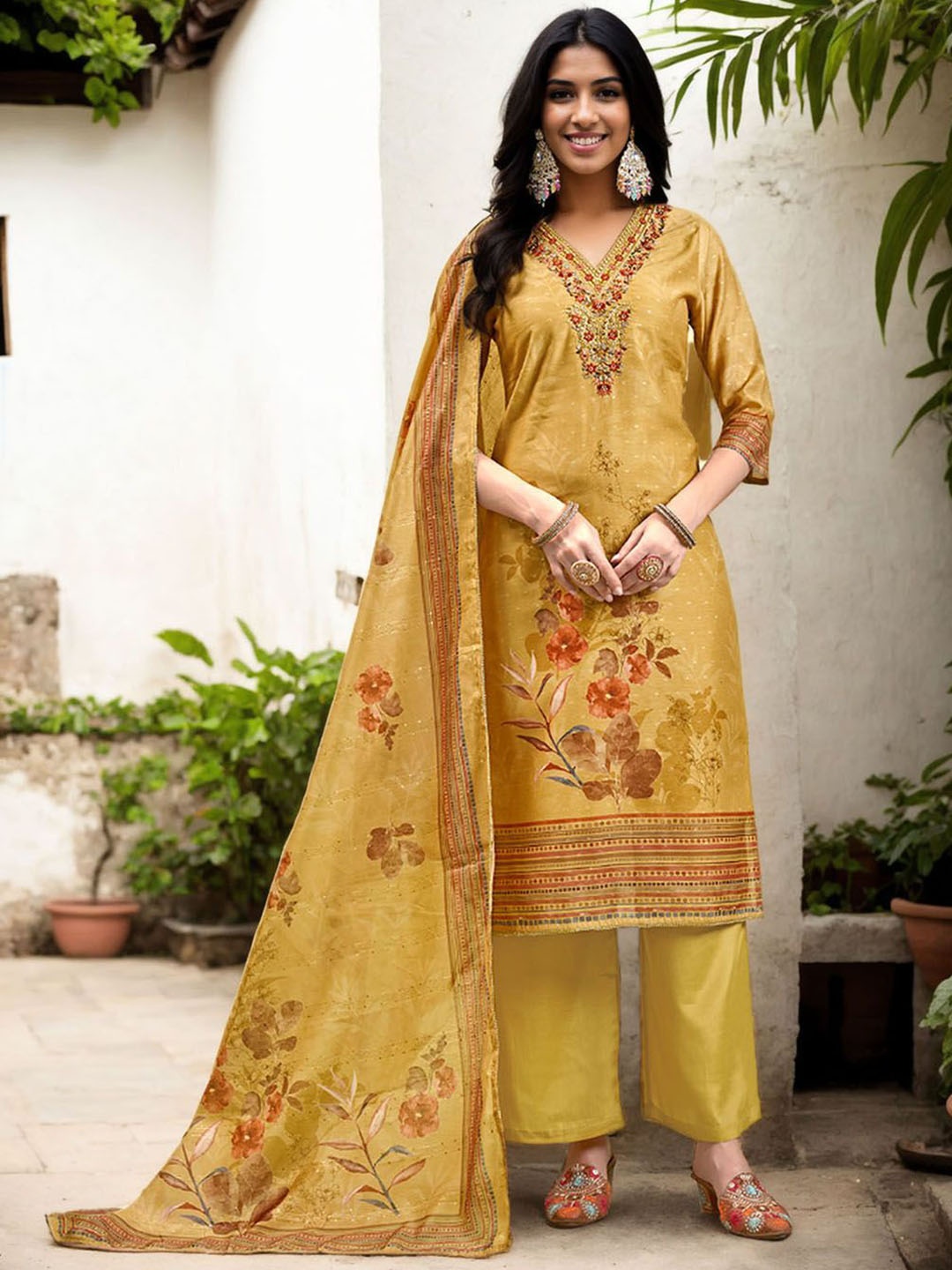 Anouk Women Floral Embroidered Regular Thread Work Chanderi Silk Kurta with Palazzos & With Dupatta, Mustard
Anouk Women Floral Embroidered Regular Thread Work Chanderi Silk Kurta with Palazzos & With Dupatta, Mustard