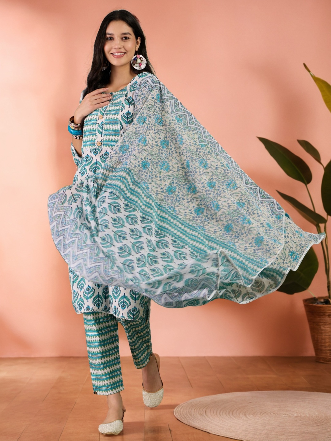 Sangria Women Pure Cotton Designer Yoke Kurta With Trouser and Dupatta Set, Sea green
Sangria Women Pure Cotton Designer Yoke Kurta With Trouser and Dupatta Set, Sea green