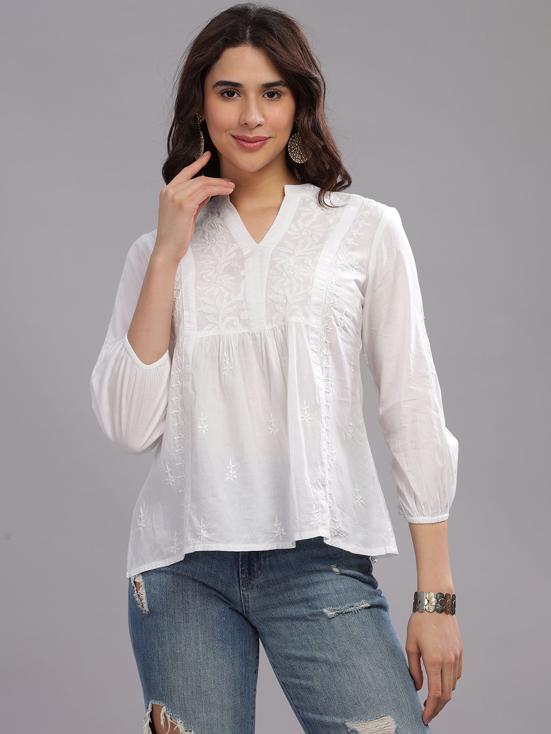 Club Loom Floral Embroidered Mandarin Collar Chikankari Pleated A-Line Pure Cotton Kurti, White
Club Loom Floral Embroidered Mandarin Collar Chikankari Pleated A-Line Pure Cotton Kurti, White