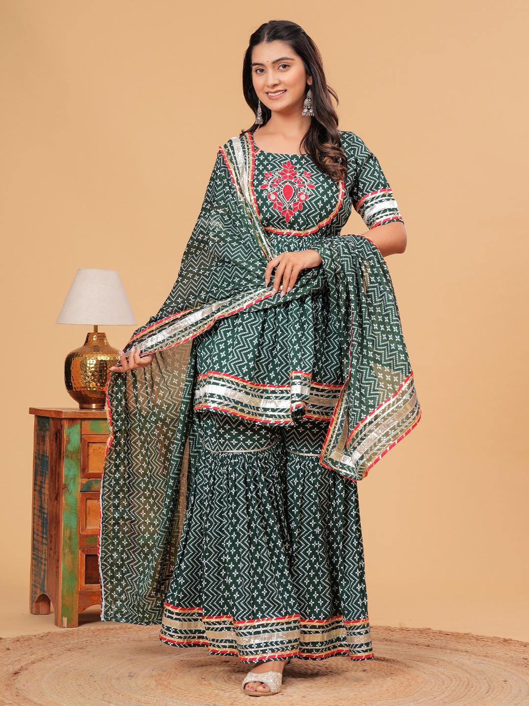PINGAKSH Women Floral Embroidered Pleated Pure Cotton Kurta with Sharara & With Dupatta, Green
PINGAKSH Women Floral Embroidered Pleated Pure Cotton Kurta with Sharara & With Dupatta, Green