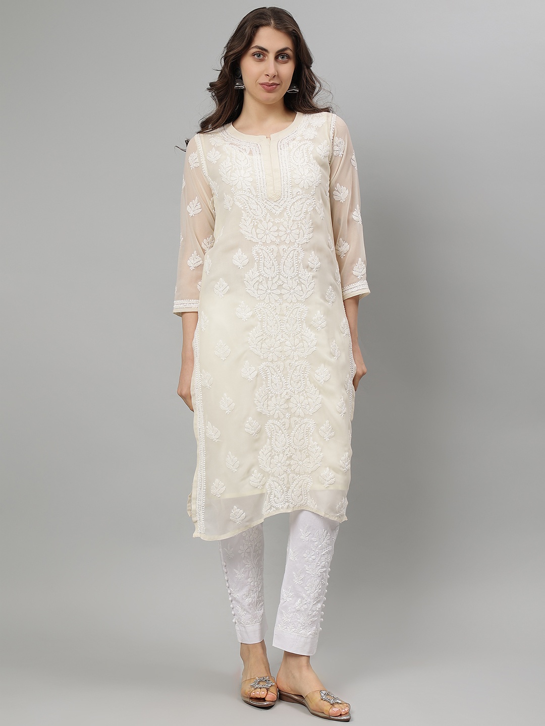 Seva Chikan Floral Embroidered Notch Neck Georgette Lucknowi Chikankari Straight Kurta, Beige
Seva Chikan Floral Embroidered Notch Neck Georgette Lucknowi Chikankari Straight Kurta, Beige