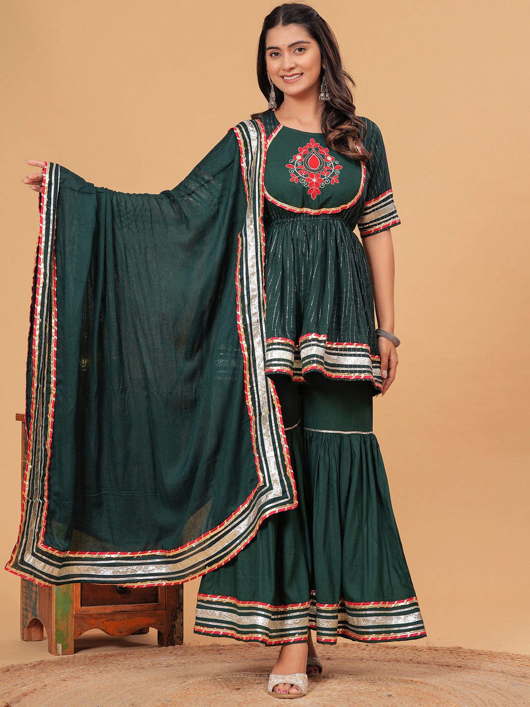 PINGAKSH Women Floral Embroidered Pleated Pure Cotton Kurta with Sharara & With Dupatta, Fluorescent green
PINGAKSH Women Floral Embroidered Pleated Pure Cotton Kurta with Sharara & With Dupatta, Fluorescent green