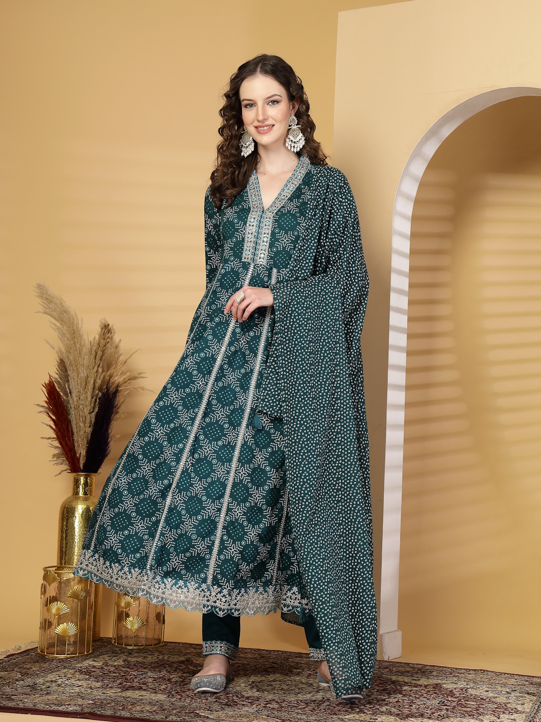 KALINI Women Bandhani Embroidered Regular Kurta with Trousers & With Dupatta, Sea green
KALINI Women Bandhani Embroidered Regular Kurta with Trousers & With Dupatta, Sea green