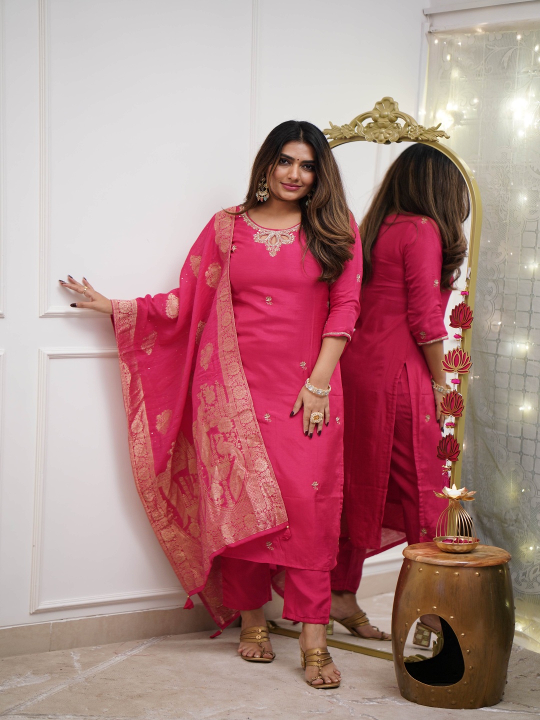 KALINI Women Embroidered Regular Beads and Stones Kurta with Trousers & With Dupatta, Pink
KALINI Women Embroidered Regular Beads and Stones Kurta with Trousers & With Dupatta, Pink