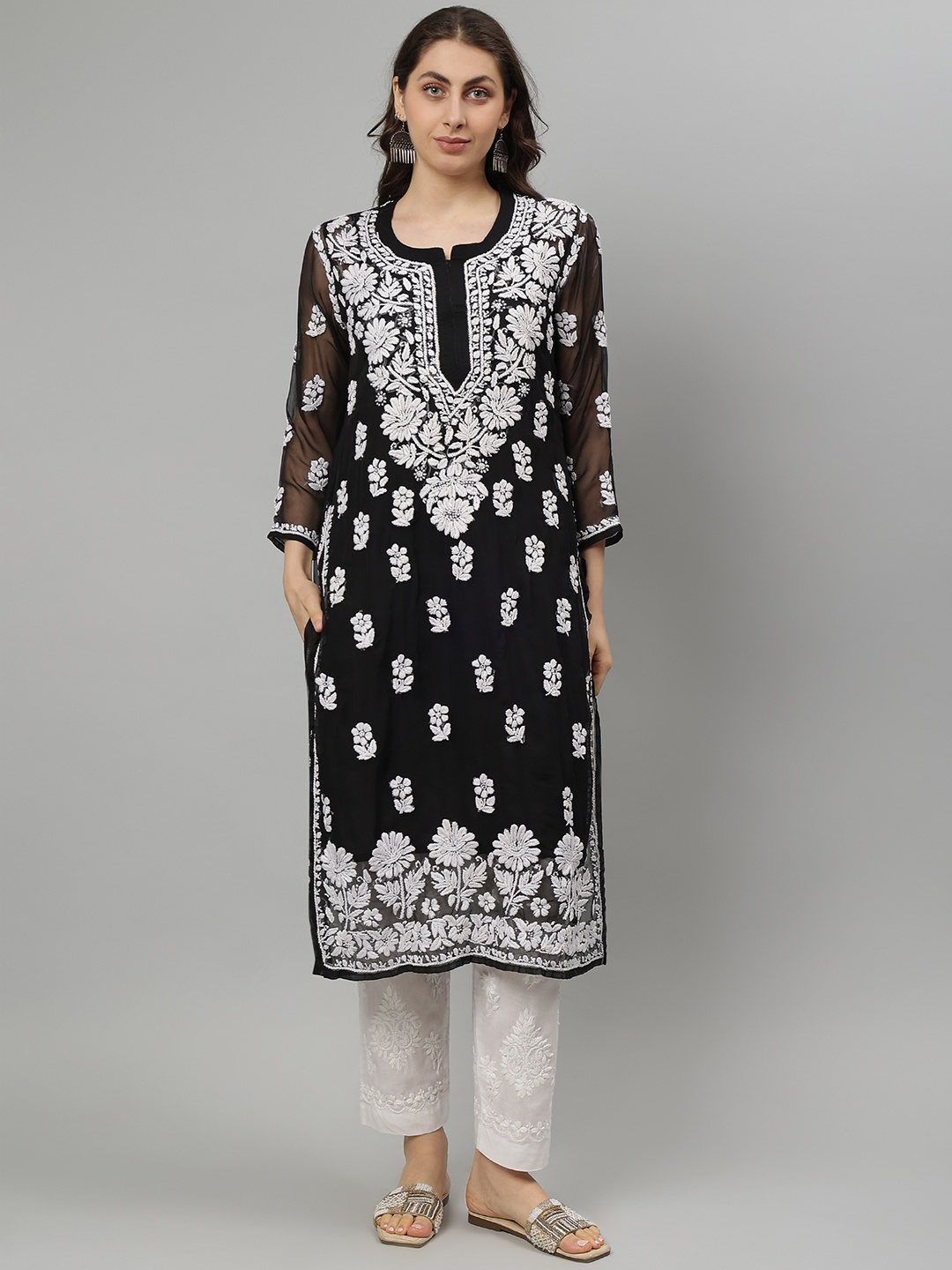 Seva Chikan Floral Embroidered Notch Neck Georgette Lucknowi Chikankari Straight Kurta, Black
Seva Chikan Floral Embroidered Notch Neck Georgette Lucknowi Chikankari Straight Kurta, Black