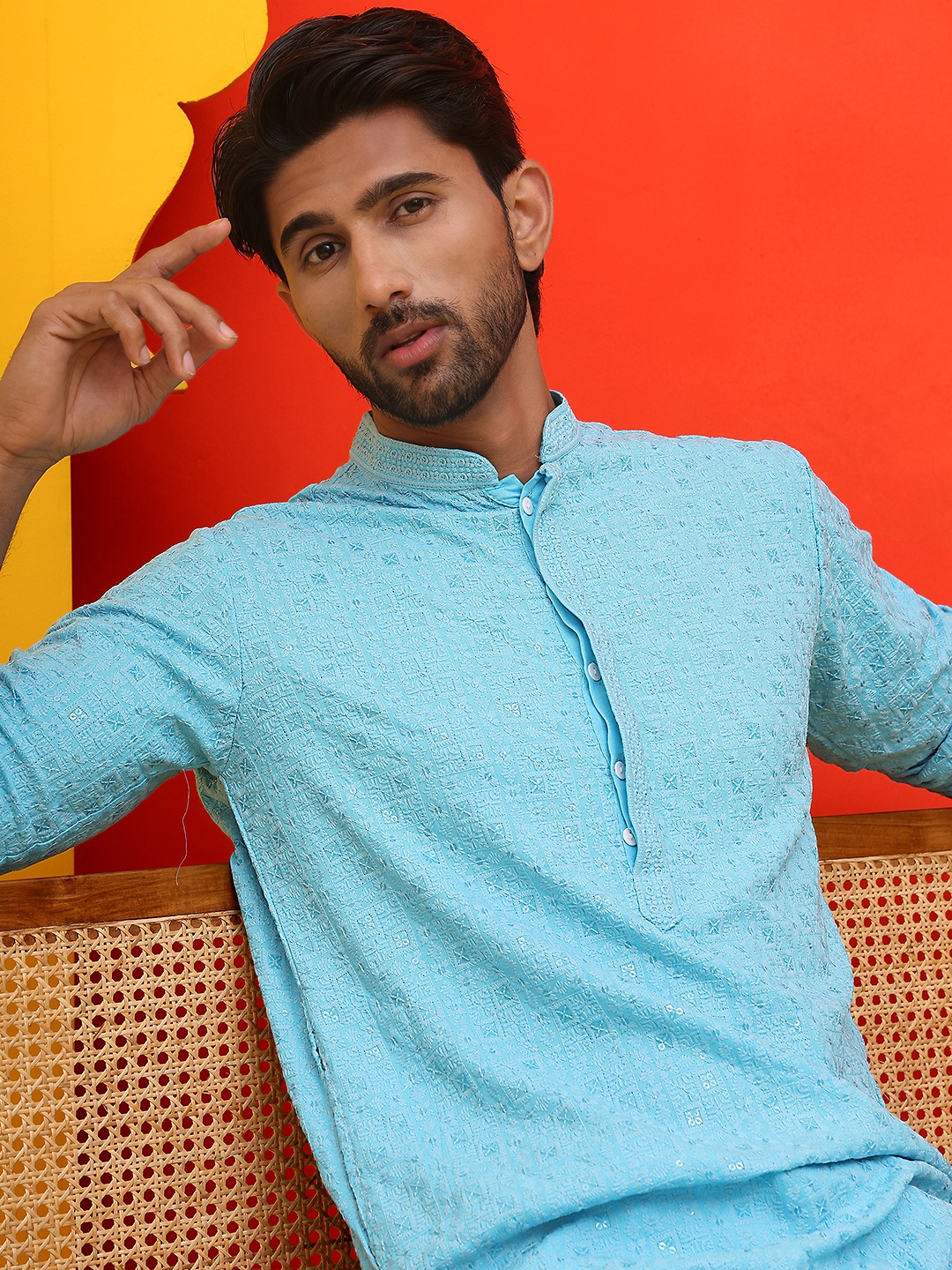 Jompers Geometric Embroidered Mandarin Collar Sequinned Pure Cotton Straight Kurta, Blue
Jompers Geometric Embroidered Mandarin Collar Sequinned Pure Cotton Straight Kurta, Blue
