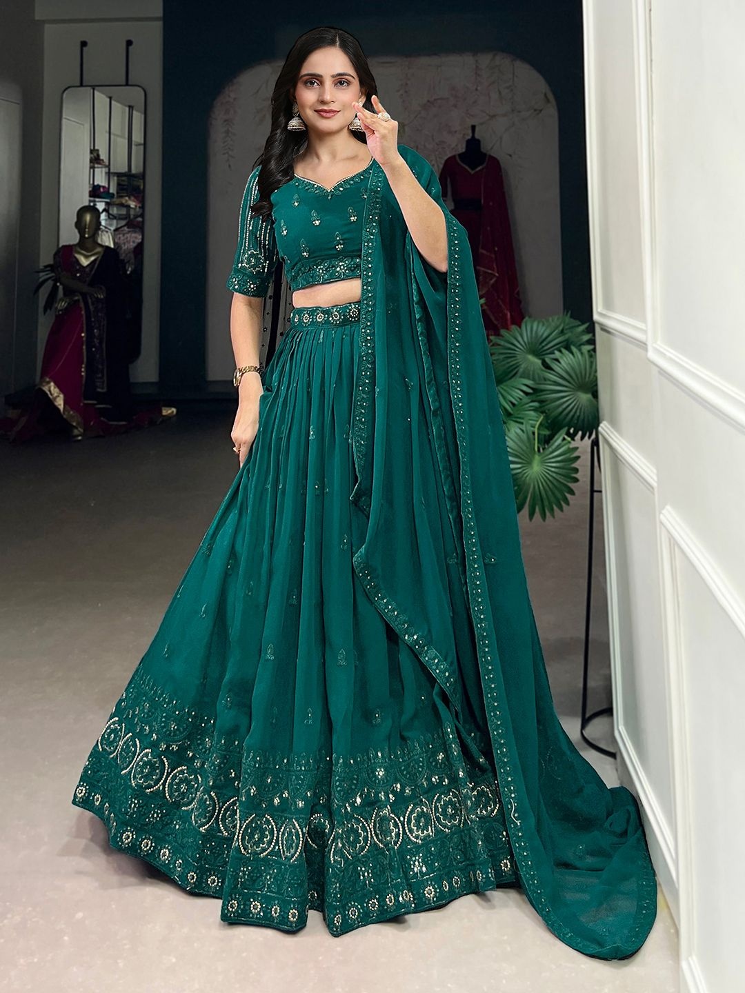 Trendmalls Embroidered Sequinned Semi-Stitched Lehenga & Unstitched Blouse With Dupatta, Green
Trendmalls Embroidered Sequinned Semi-Stitched Lehenga & Unstitched Blouse With Dupatta, Green