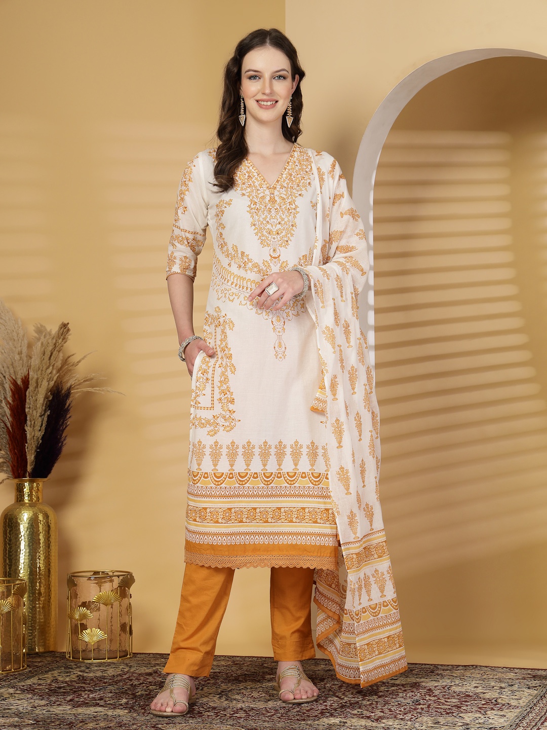 KALINI Women Floral Printed Regular Pure Cotton Kurta with Trousers & With Dupatta, Mustard
KALINI Women Floral Printed Regular Pure Cotton Kurta with Trousers & With Dupatta, Mustard