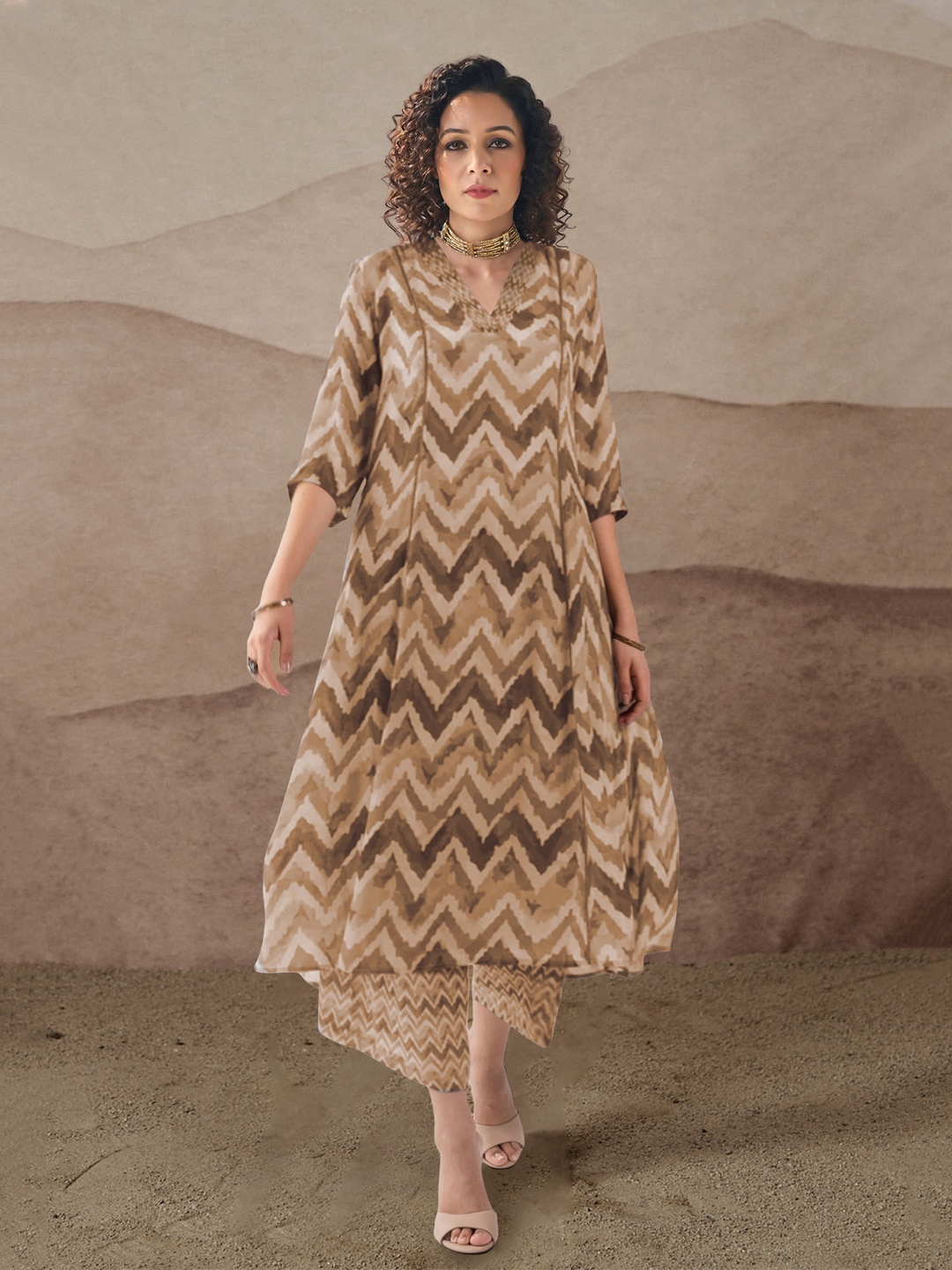 KALINI Chevron Printed V-Neck Three-Quarter Sleeves Regular Kurta With Palazzo, Yellow
KALINI Chevron Printed V-Neck Three-Quarter Sleeves Regular Kurta With Palazzo, Yellow