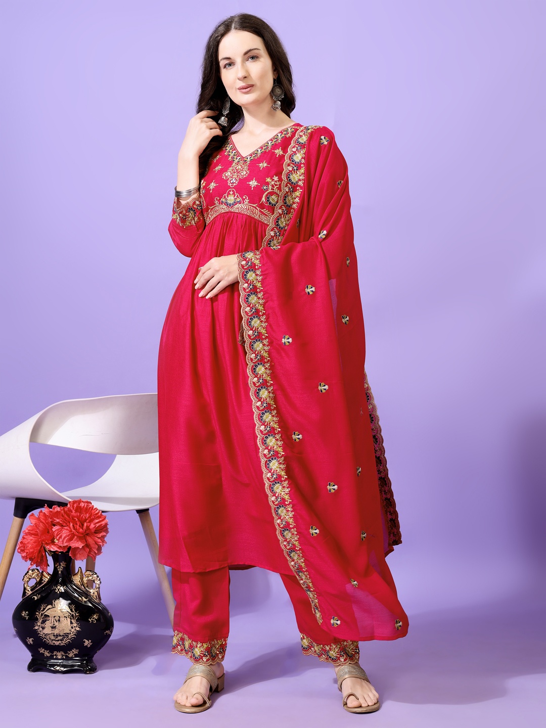 KALINI Women Ethnic Motifs Embroidered Regular Kurta with Palazzos & With Dupatta, Pink
KALINI Women Ethnic Motifs Embroidered Regular Kurta with Palazzos & With Dupatta, Pink