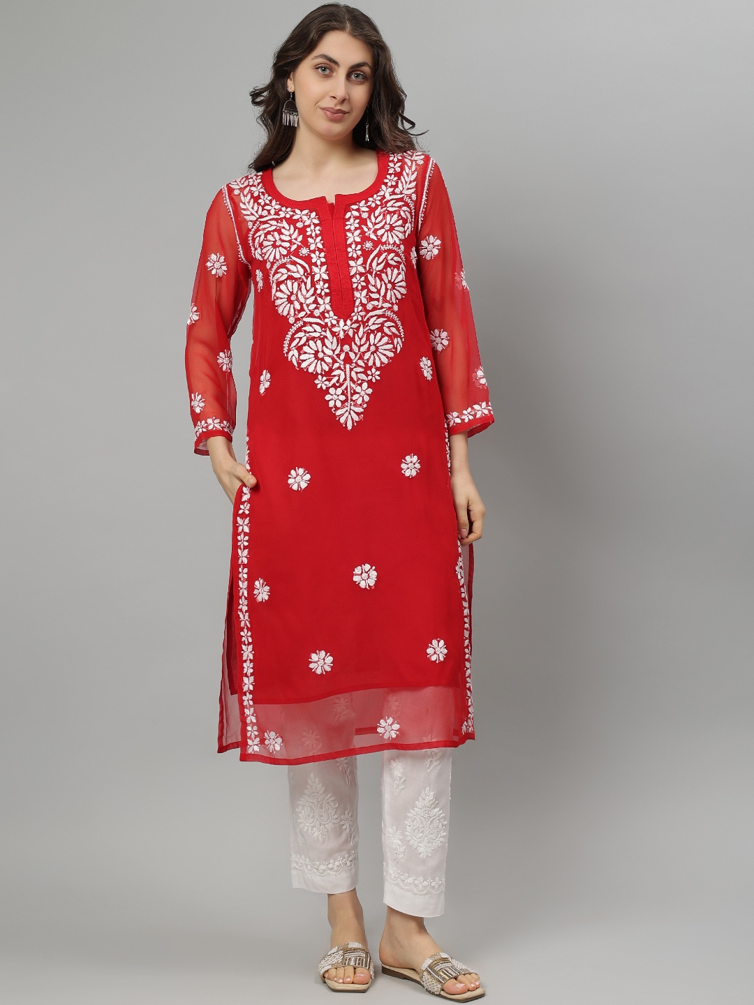 Seva Chikan Floral Embroidered Notch Neck Georgette Lucknowi Chikankari Straight Kurta, Red
Seva Chikan Floral Embroidered Notch Neck Georgette Lucknowi Chikankari Straight Kurta, Red