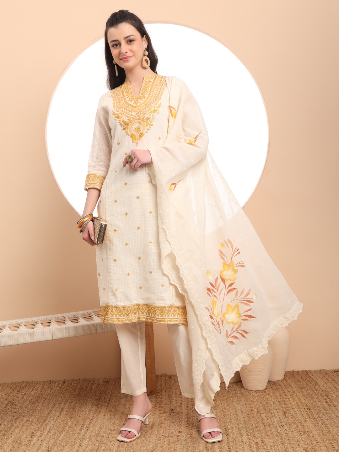 Yufta Women Embroidered Regular Thread Work Pure Cotton Kurta with Trousers & With Dupatta, Off white
Yufta Women Embroidered Regular Thread Work Pure Cotton Kurta with Trousers & With Dupatta, Off white