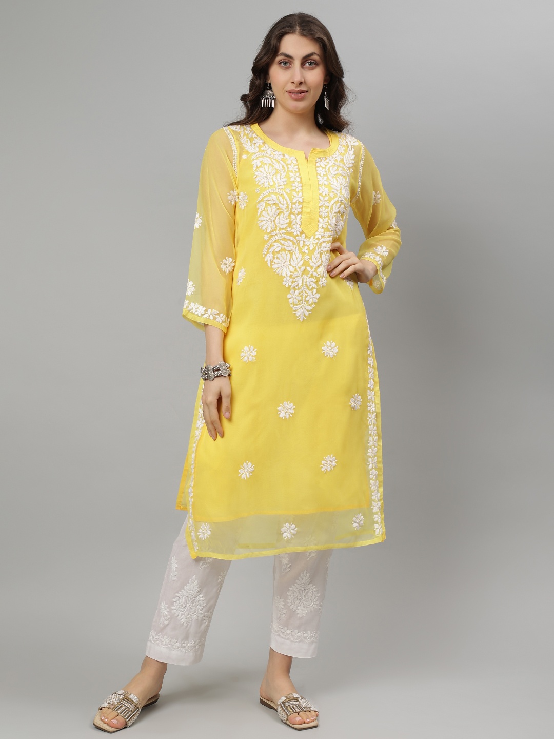 Seva Chikan Floral Embroidered Notch Neck Georgette Lucknowi Chikankari Straight Kurta, Yellow
Seva Chikan Floral Embroidered Notch Neck Georgette Lucknowi Chikankari Straight Kurta, Yellow