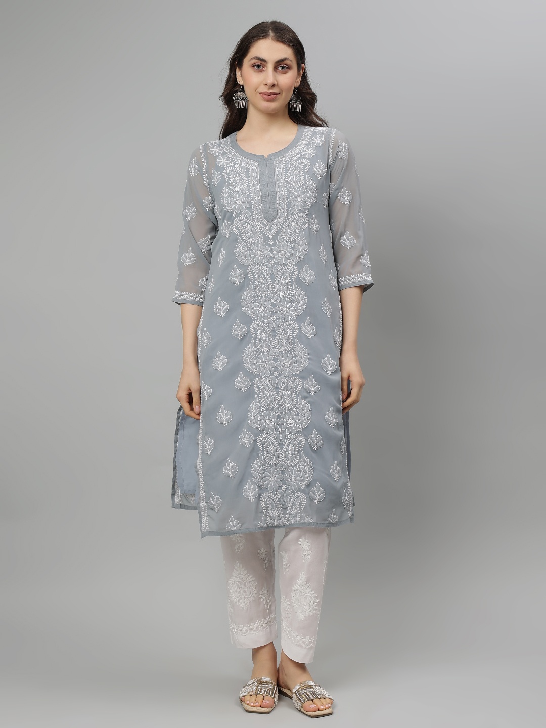 Seva Chikan Floral Embroidered Notch Neck Georgette Lucknowi Chikankari Straight Kurta, Grey
Seva Chikan Floral Embroidered Notch Neck Georgette Lucknowi Chikankari Straight Kurta, Grey