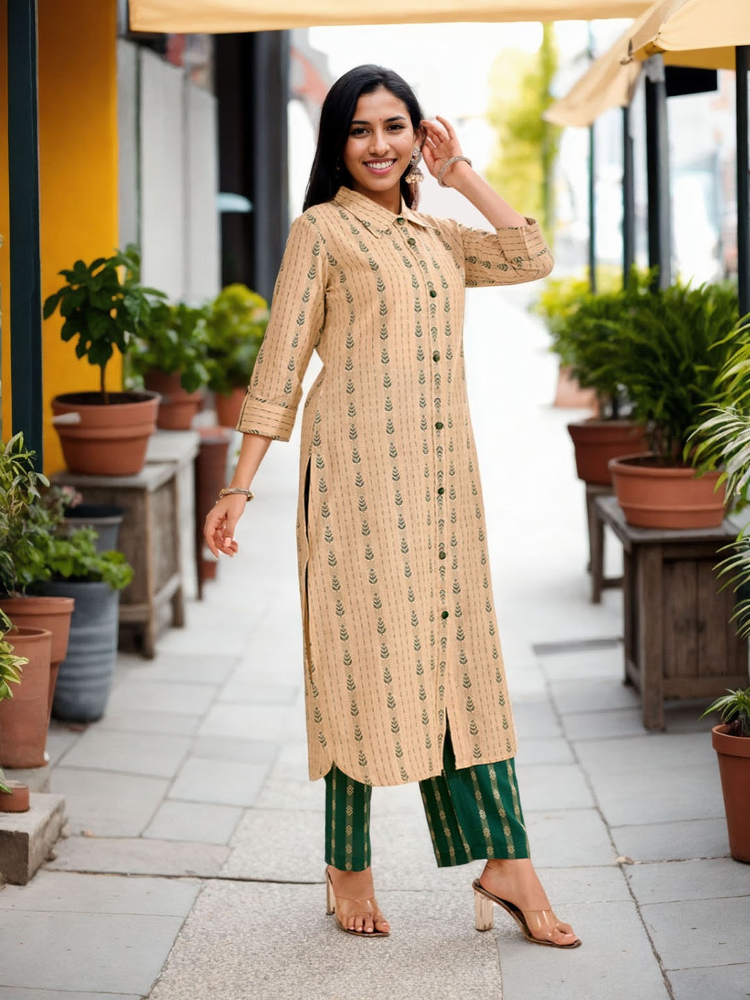 Moda Rapido Floral Printed Shirt Collar Panelled Straight Kurta With Palazzos, Beige
Moda Rapido Floral Printed Shirt Collar Panelled Straight Kurta With Palazzos, Beige