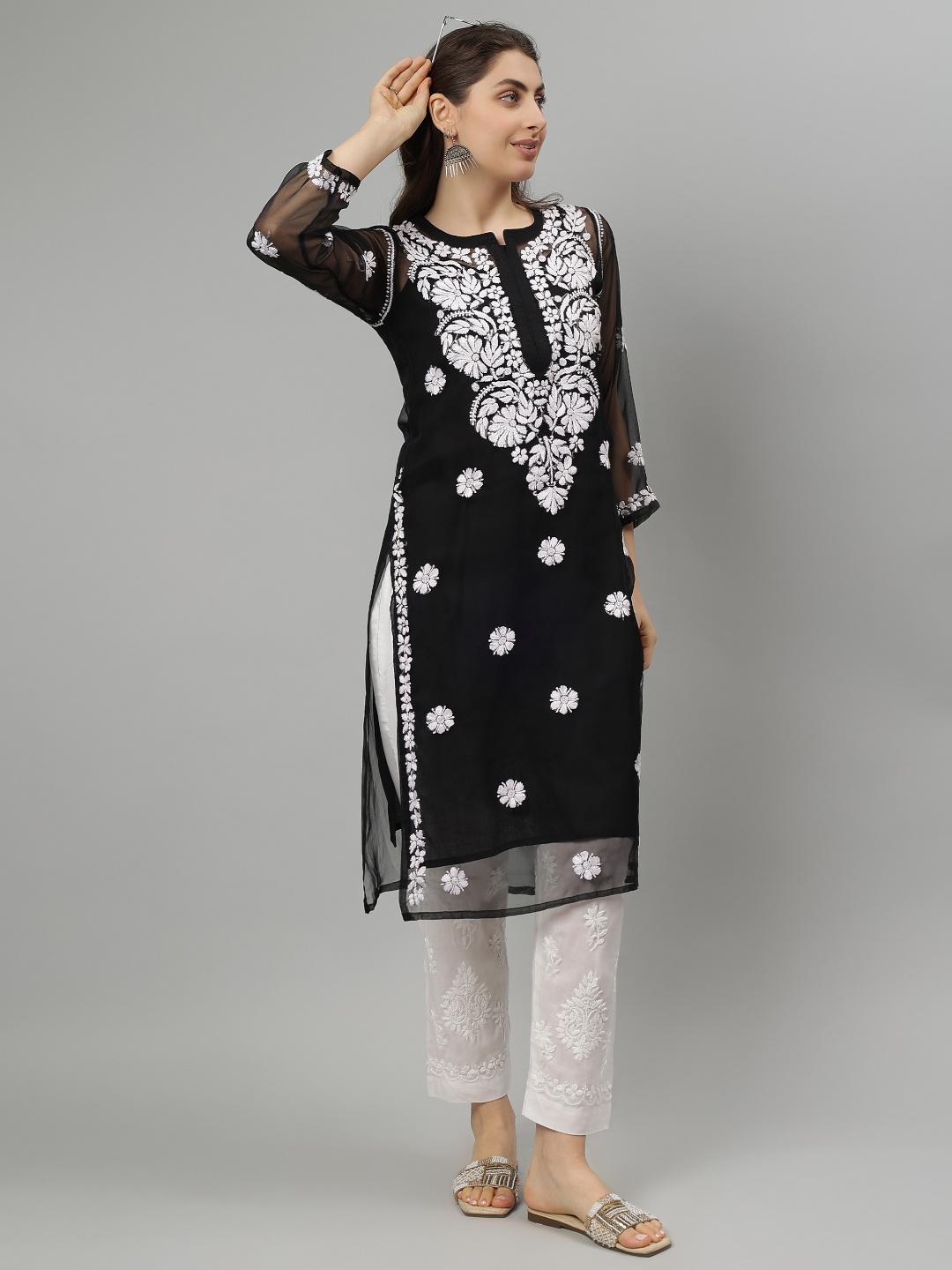 Seva Chikan Floral Embroidered Notch Neck Georgette Lucknowi Chikankari Straight Kurta, Black
Seva Chikan Floral Embroidered Notch Neck Georgette Lucknowi Chikankari Straight Kurta, Black