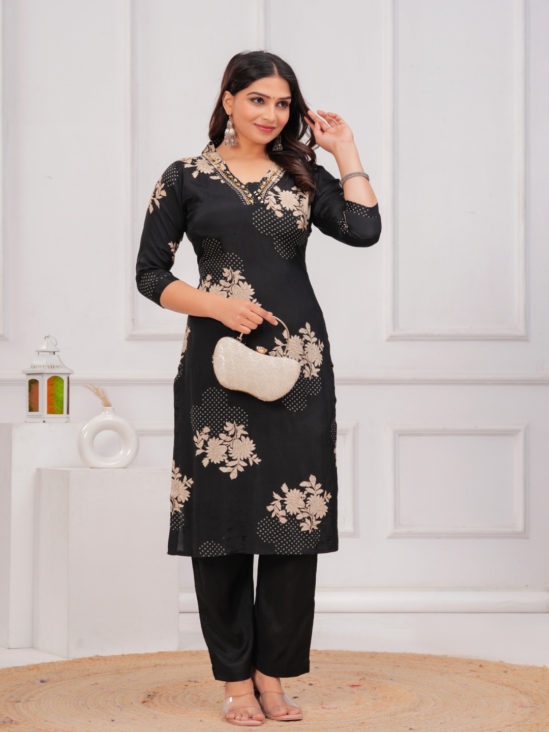 KALINI Women Floral Printed Regular Beads and Stones Pure Silk Kurta with Trousers, Black
KALINI Women Floral Printed Regular Beads and Stones Pure Silk Kurta with Trousers, Black