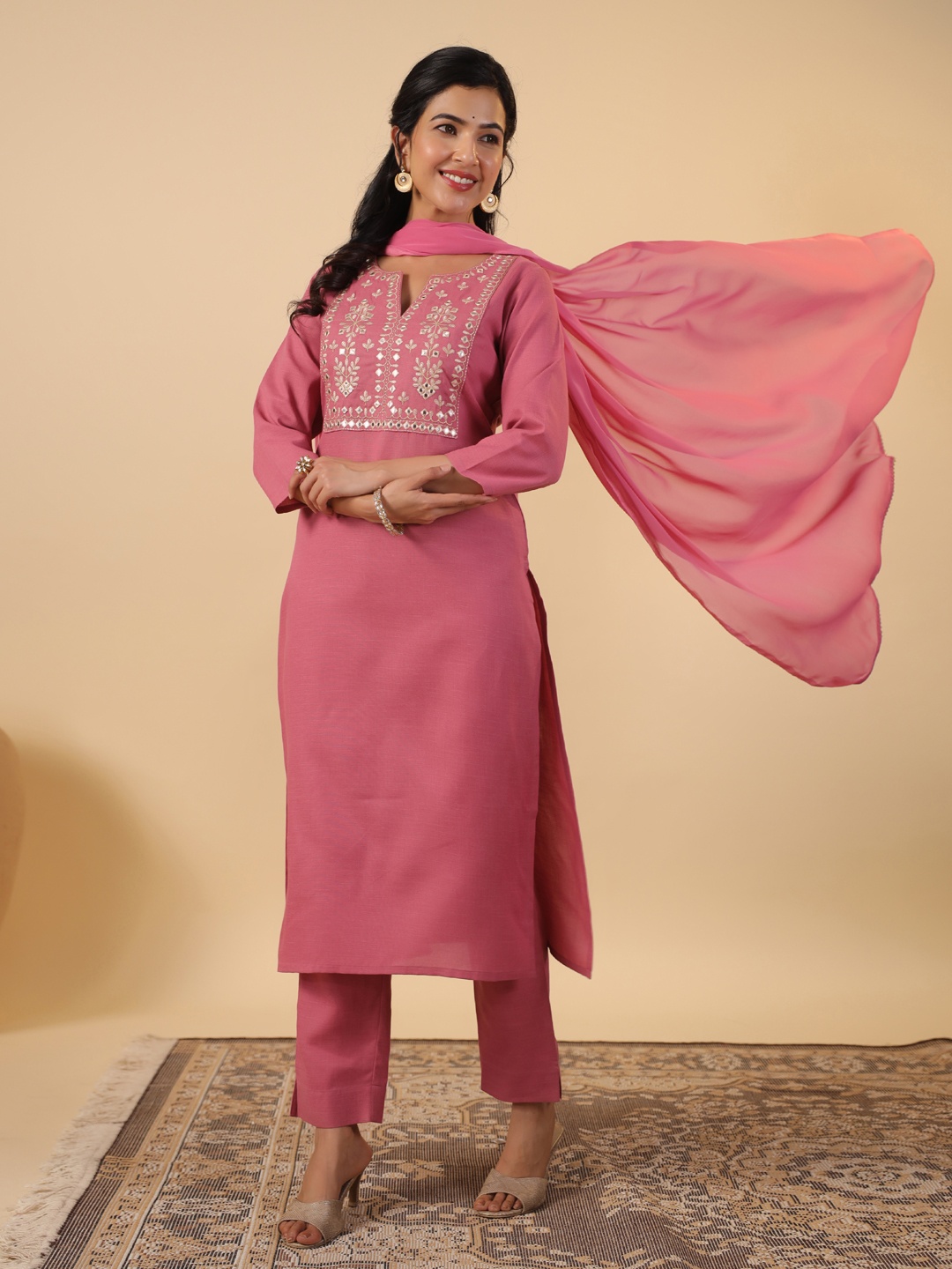 KALINI Women Floral Embroidered Regular Pure Cotton Kurta with Trousers & With Dupatta, Pink
KALINI Women Floral Embroidered Regular Pure Cotton Kurta with Trousers & With Dupatta, Pink