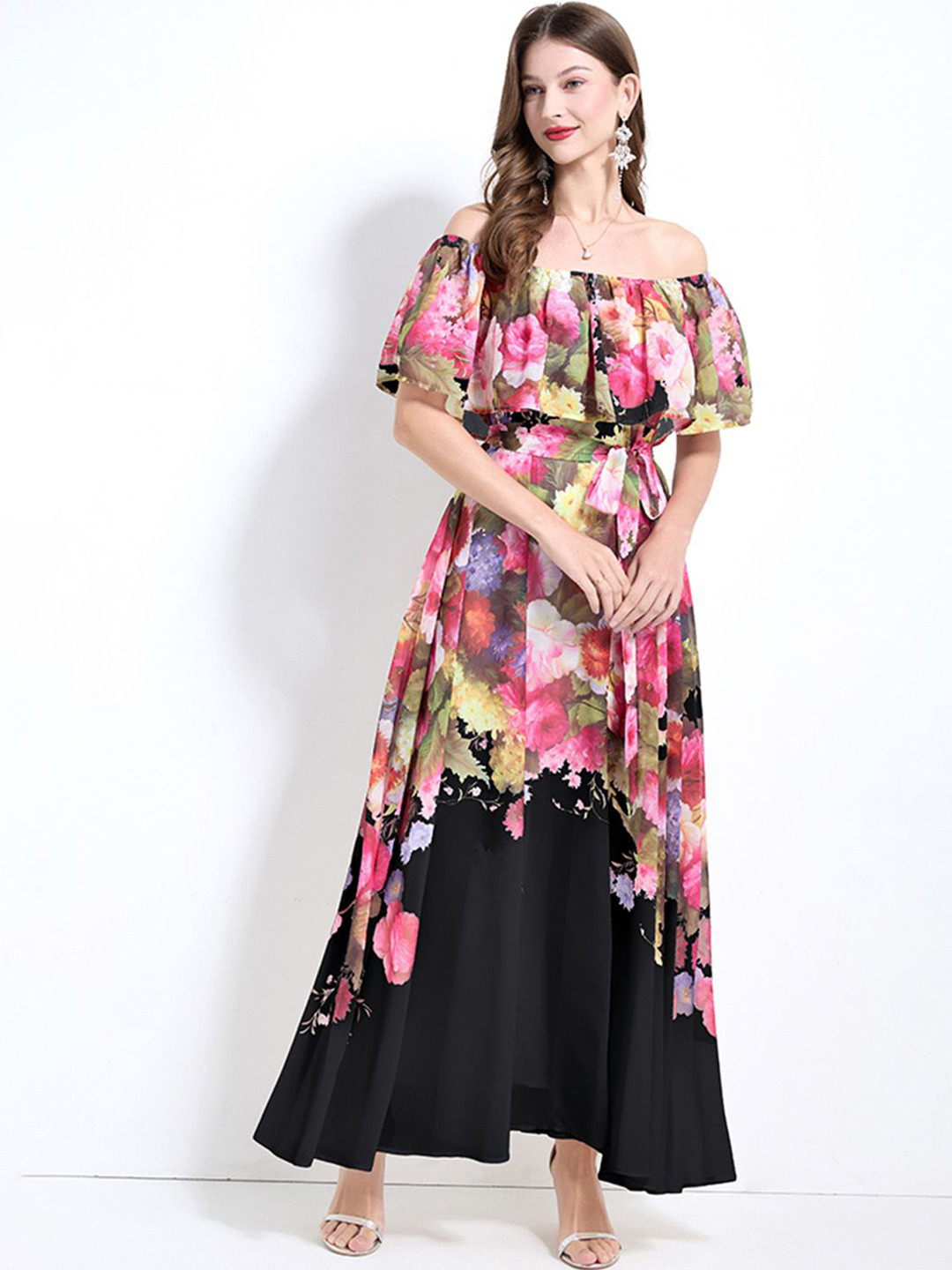 JC Collection Floral Print Off-Shoulder Cape Sleeve Maxi Dress, Black 
JC Collection Floral Print Off-Shoulder Cape Sleeve Maxi Dress, Black