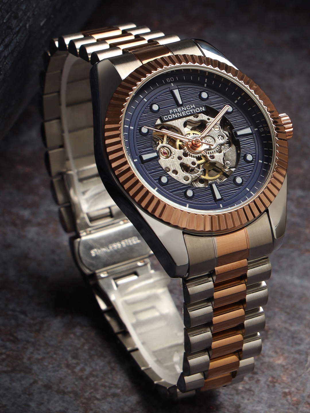 French Connection Men Skeleton Dial & Stainless Steel Bracelet Style Straps Analogue Automatic Watch, Blue
French Connection Men Skeleton Dial & Stainless Steel Bracelet Style Straps Analogue Automatic Watch, Blue