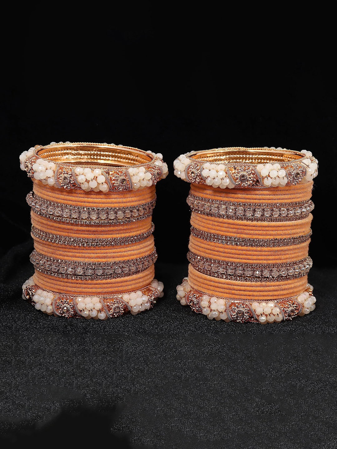 ZULKA Set Of 52 Cubic Zirconia Studded & Pearls Beaded Velvet Bangles With Nail Polish, Gold
ZULKA Set Of 52 Cubic Zirconia Studded & Pearls Beaded Velvet Bangles With Nail Polish, Gold