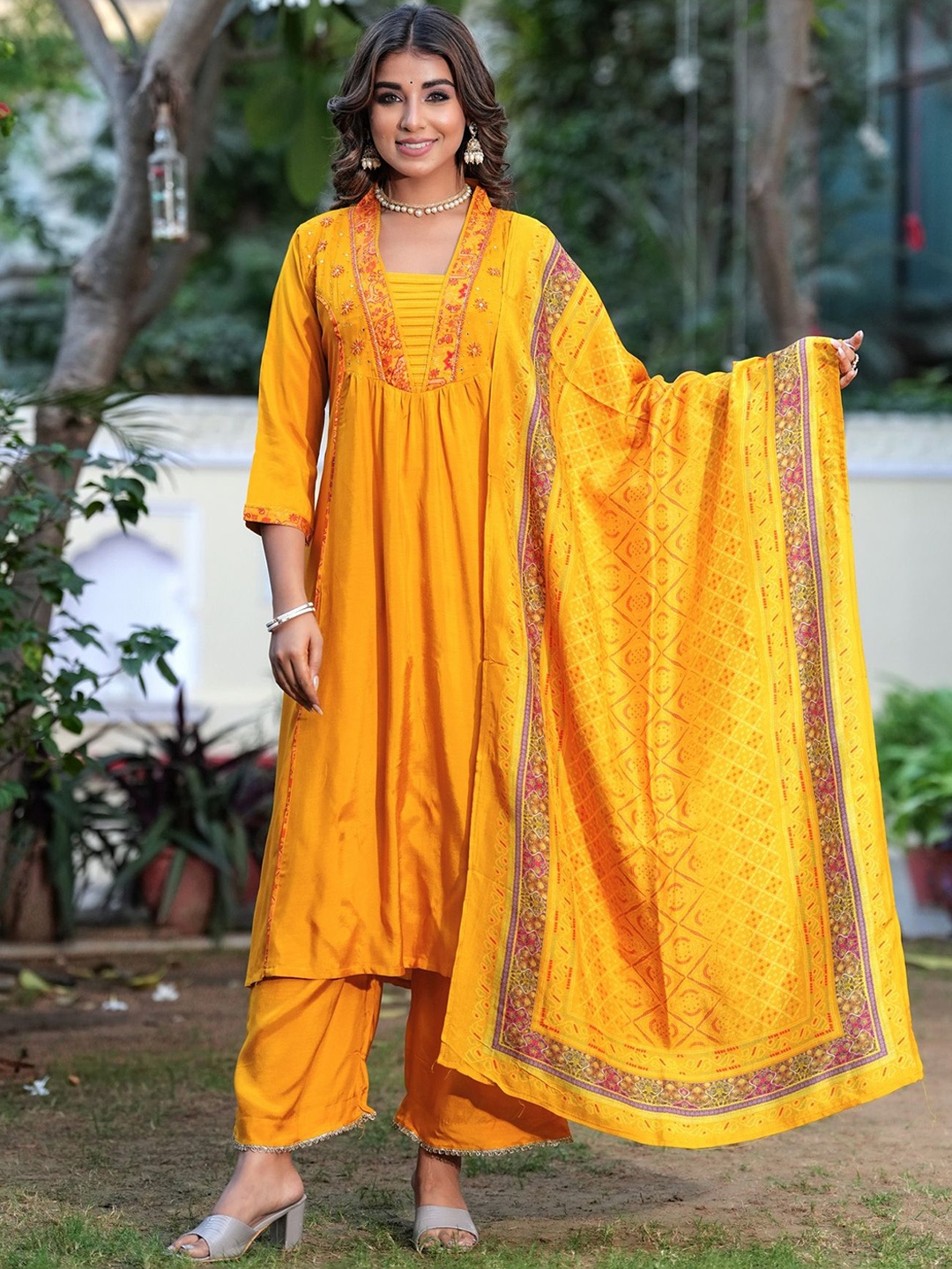 KALINI Women Ethnic Motifs Yoke Design Regular Kantha Work Pure Silk Kurta with Trousers & With Dupatta, Mustard
KALINI Women Ethnic Motifs Yoke Design Regular Kantha Work Pure Silk Kurta with Trousers & With Dupatta, Mustard