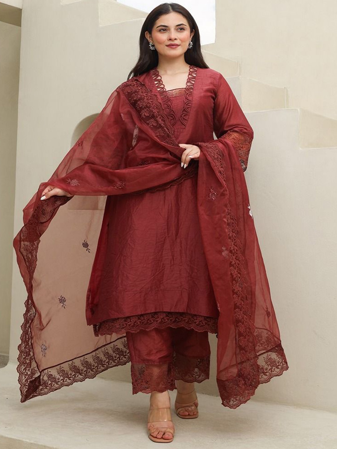 ASRUMO Women Embroidered Regular Thread Work Chanderi Silk Kurta with Trousers & With Dupatta, Maroon
ASRUMO Women Embroidered Regular Thread Work Chanderi Silk Kurta with Trousers & With Dupatta, Maroon