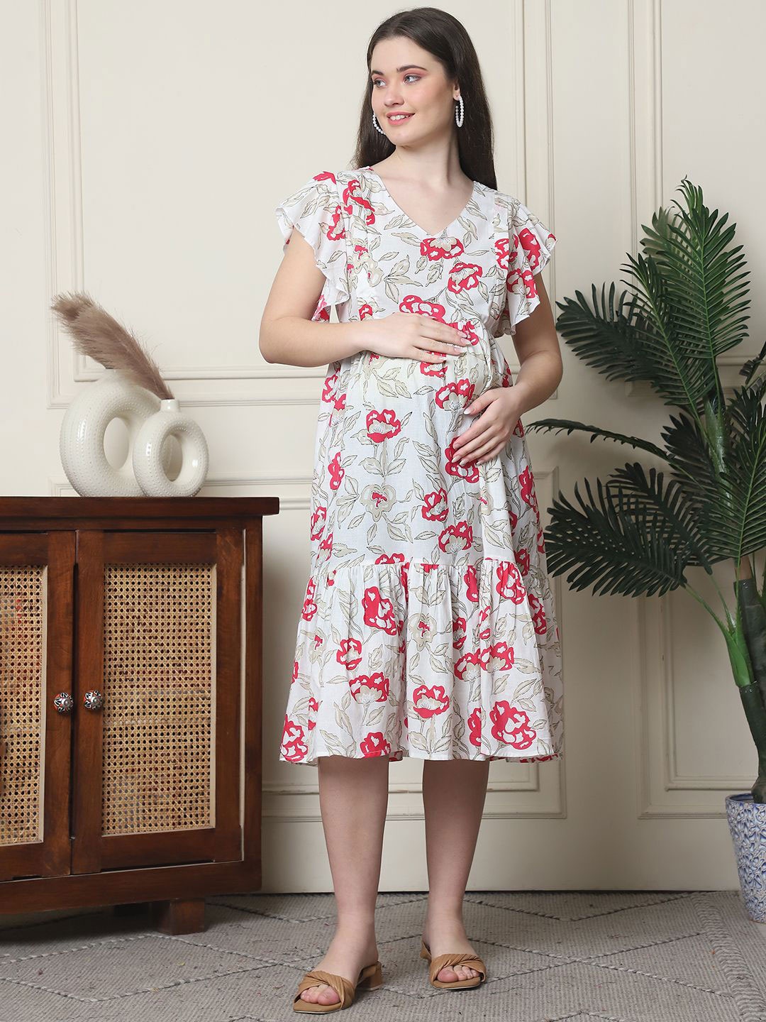 Frempy Floral Print Flutter Sleeve Organic Cotton Maternity A-Line Midi Dress, White
Frempy Floral Print Flutter Sleeve Organic Cotton Maternity A-Line Midi Dress, White