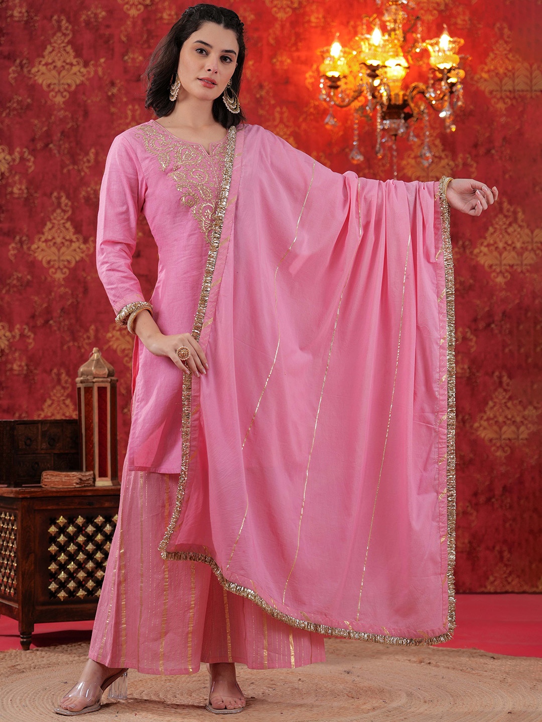 Bhavyata Women Embroidered Regular Sequinned Pure Cotton Kurta with Palazzos & With Dupatta, Pink
Bhavyata Women Embroidered Regular Sequinned Pure Cotton Kurta with Palazzos & With Dupatta, Pink