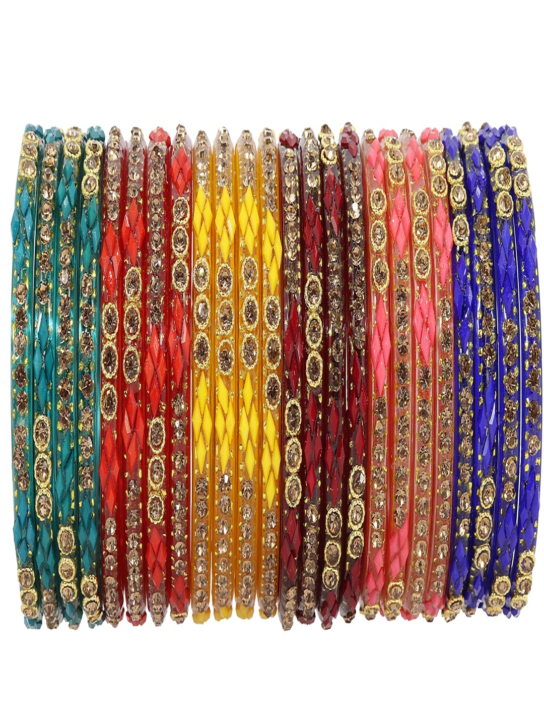 ZULKA Set Of 24 Zircon Gemstone Studded and Beaded Glossy Finished Glass Bangles, Blue
ZULKA Set Of 24 Zircon Gemstone Studded and Beaded Glossy Finished Glass Bangles, Blue