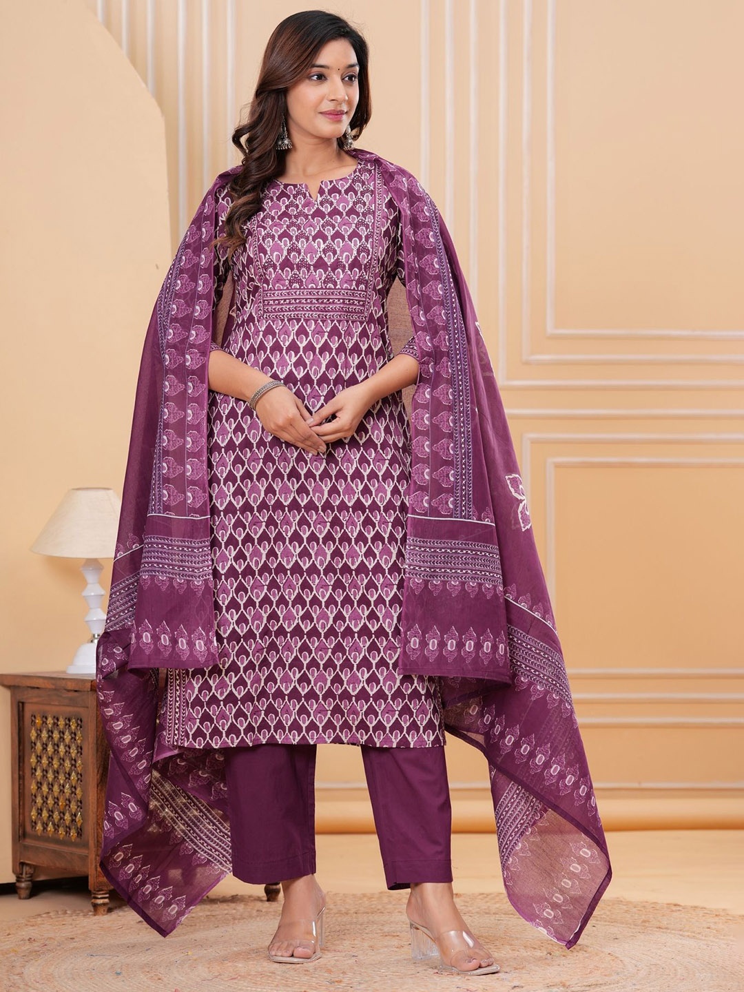 KALINI Women Floral Yoke Design Regular Thread Work Pure Cotton Kurta with Trousers & With Dupatta, Purple
KALINI Women Floral Yoke Design Regular Thread Work Pure Cotton Kurta with Trousers & With Dupatta, Purple