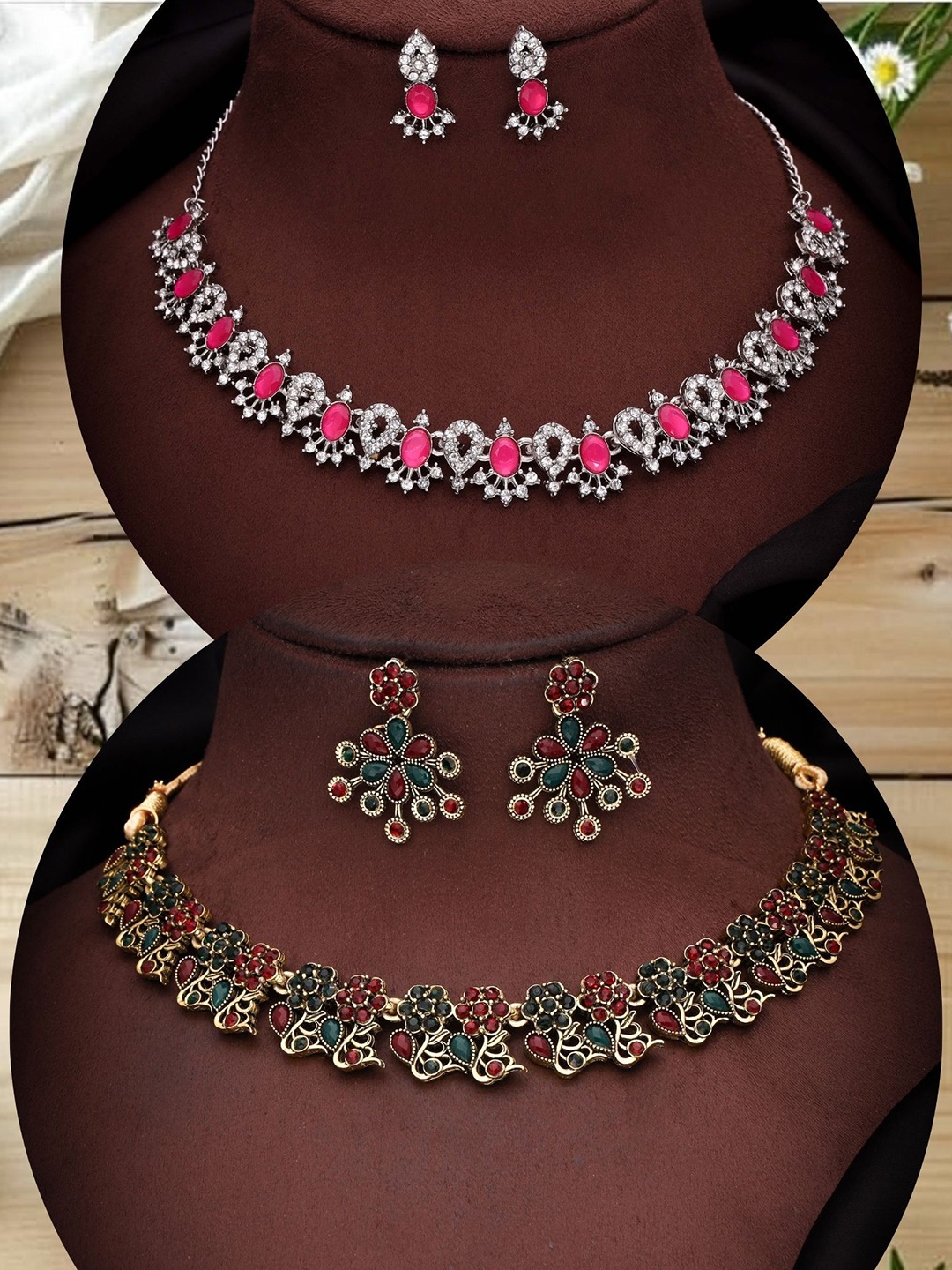 DIVASTRI Set Of 2 Silver Plated & Gold Plated American Diamond Studded Jewellery Sets
DIVASTRI Set Of 2 Silver Plated & Gold Plated American Diamond Studded Jewellery Sets