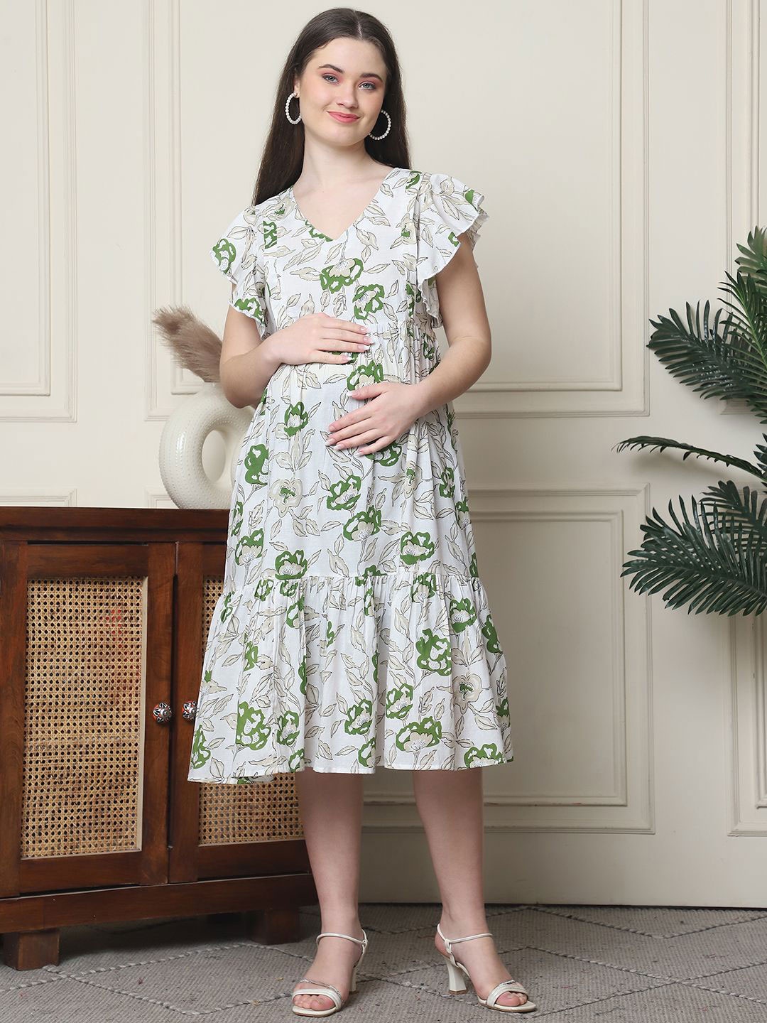 Frempy Floral Print Flutter Sleeve Organic Cotton Maternity A-Line Midi Dress, White
Frempy Floral Print Flutter Sleeve Organic Cotton Maternity A-Line Midi Dress, White