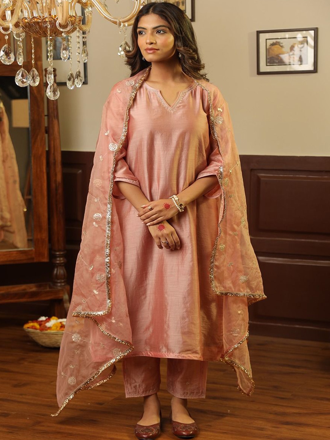 ASRUMO Women Embroidered Regular Chanderi Silk Kurta with Trousers & With Dupatta, Pink
ASRUMO Women Embroidered Regular Chanderi Silk Kurta with Trousers & With Dupatta, Pink