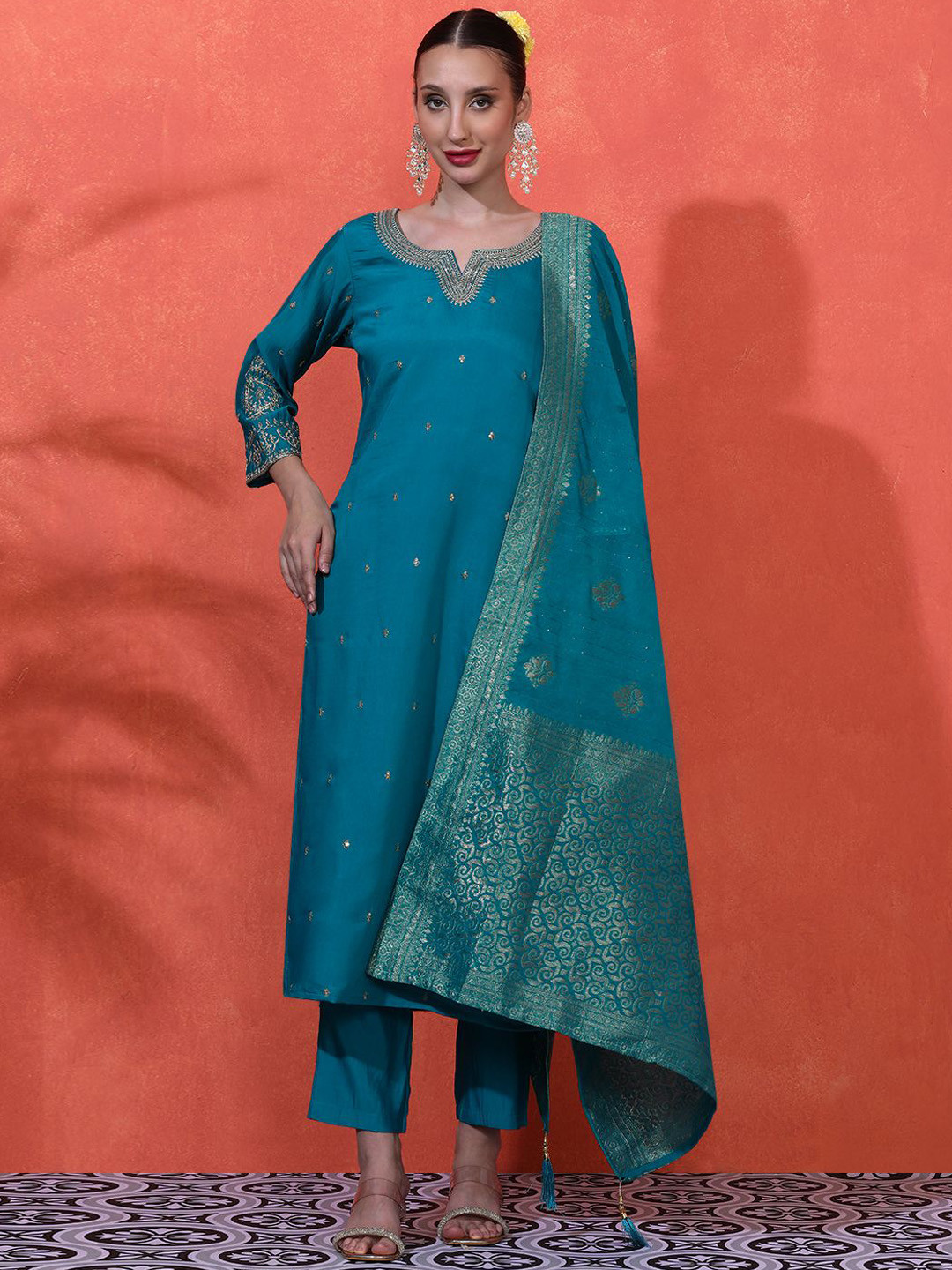Sangria Women Sequinned Embroidered Straight Kurta With Trousers & Dupatta, Teal
Sangria Women Sequinned Embroidered Straight Kurta With Trousers & Dupatta, Teal