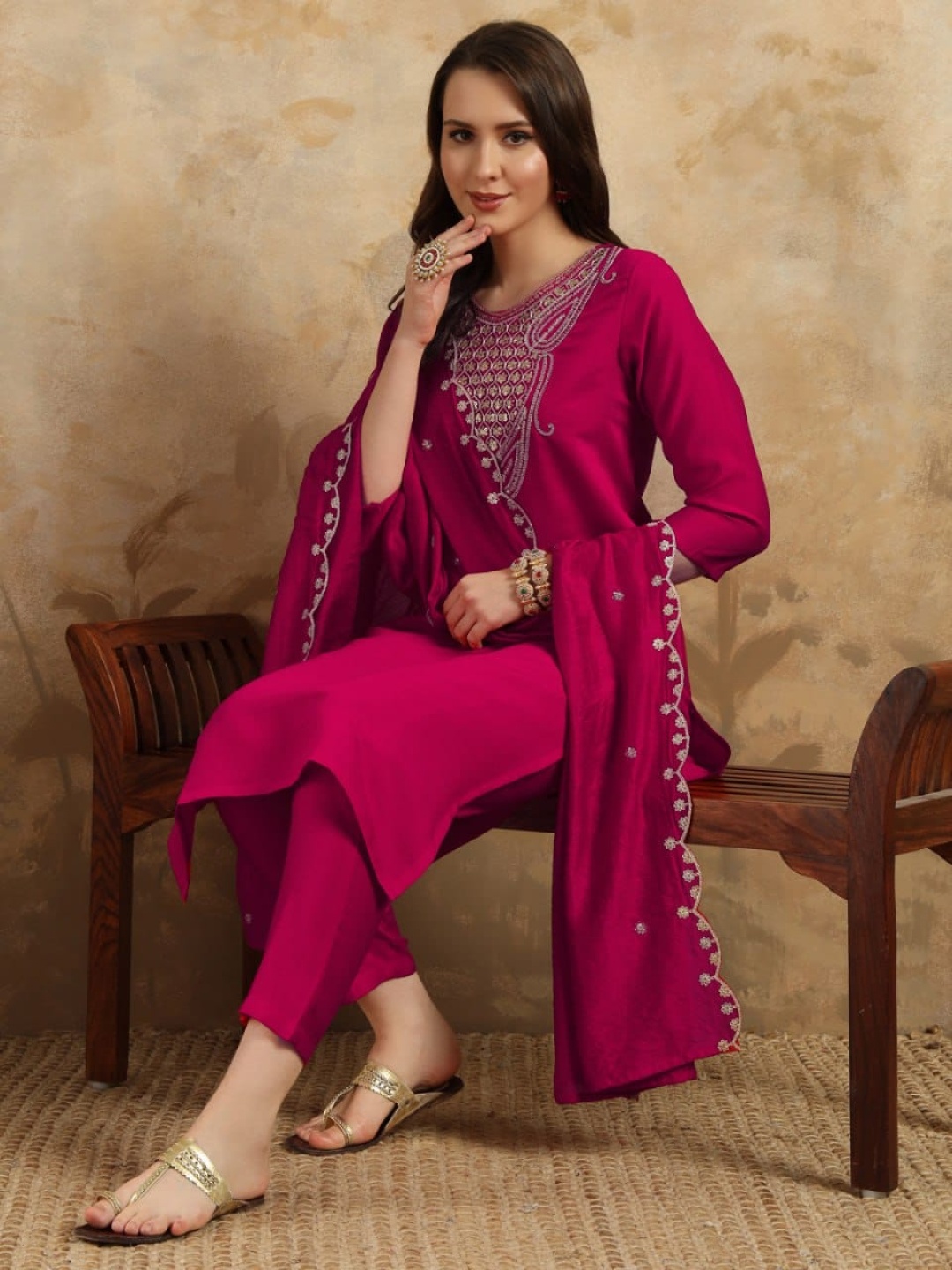 IZIBRA Women Ethnic Motifs Embroidered Regular Sequinned Chanderi Cotton Kurta with Trousers & With Dupatta, Red
IZIBRA Women Ethnic Motifs Embroidered Regular Sequinned Chanderi Cotton Kurta with Trousers & With Dupatta, Red