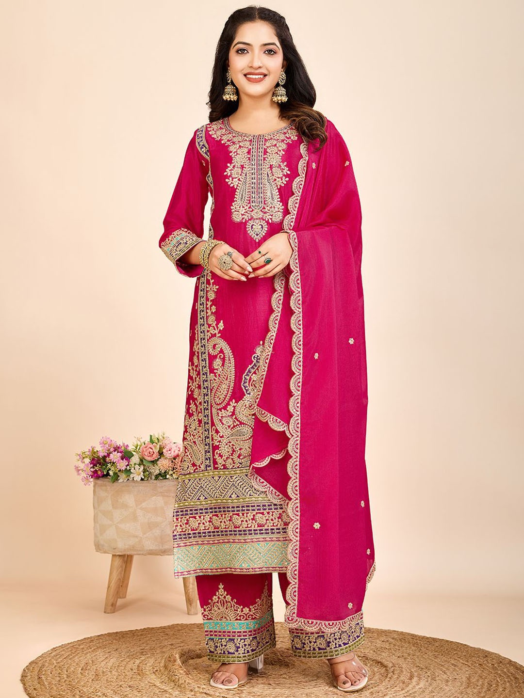 AKSHARAM Women Floral Embroidered Regular Sequinned Kurta with Palazzos & With Dupatta, Pink
AKSHARAM Women Floral Embroidered Regular Sequinned Kurta with Palazzos & With Dupatta, Pink