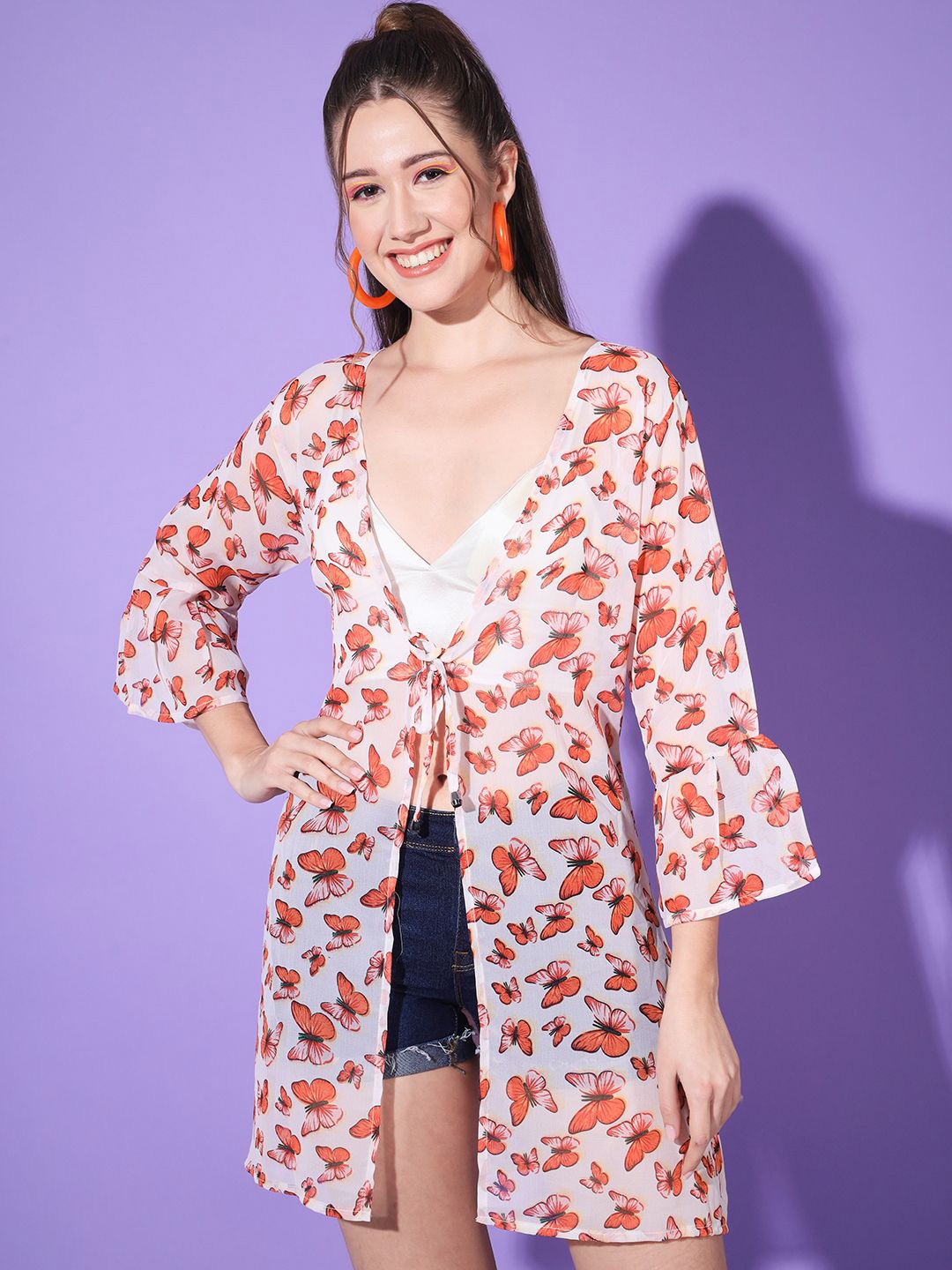 DIMPY GARMENTS Butterfly Printed Tie-Up Neck Open Front Georgette Short Shrug, Orange
DIMPY GARMENTS Butterfly Printed Tie-Up Neck Open Front Georgette Short Shrug, Orange